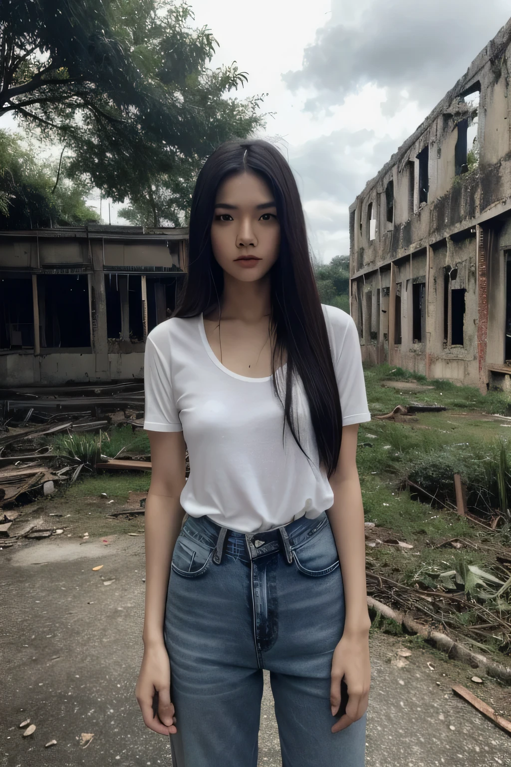 Thai Woman, look at viewer, long hair, shirt, jeans, cloud, day, sky,outdoors, post-apocalypse, ruins, scenery, tree, water,