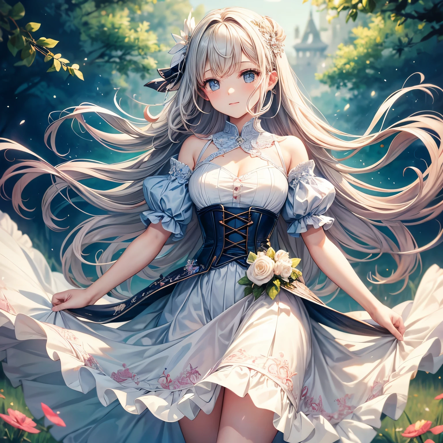30 years old,super detailed,a beautiful girl, , Playful and charming. Girls' clothes are made of exquisite, The flowing fabric seems to be dancing in the breeze. Color is soft pastel, Reminiscent of the wildflowers surrounding her. The corset is attached, With intricate embroidery and beading that catches the light. Full and elegant skirt, when she moves,Multiple layers of fabric create a soft rustling sound. The overall effect is one of timeless elegance and elegance.