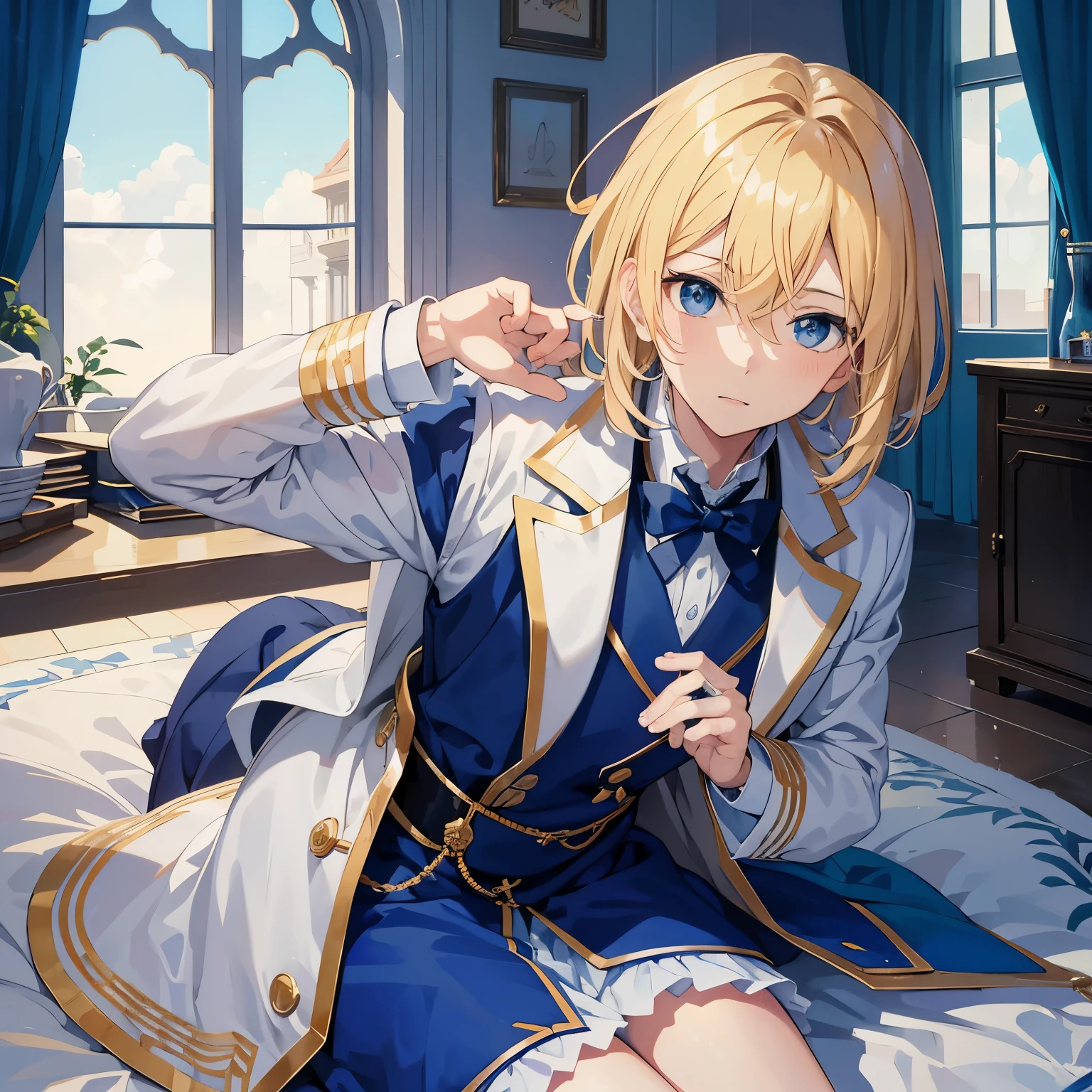 Could you make an image of an anime boy with blonde hair with blue highlights?, ojos celestes, una mirada dulce junto a una sonrisa amable, con un libro en las manos, vestimenta elegante de colores blancos y celestes. as if he were a professor from the 1850s