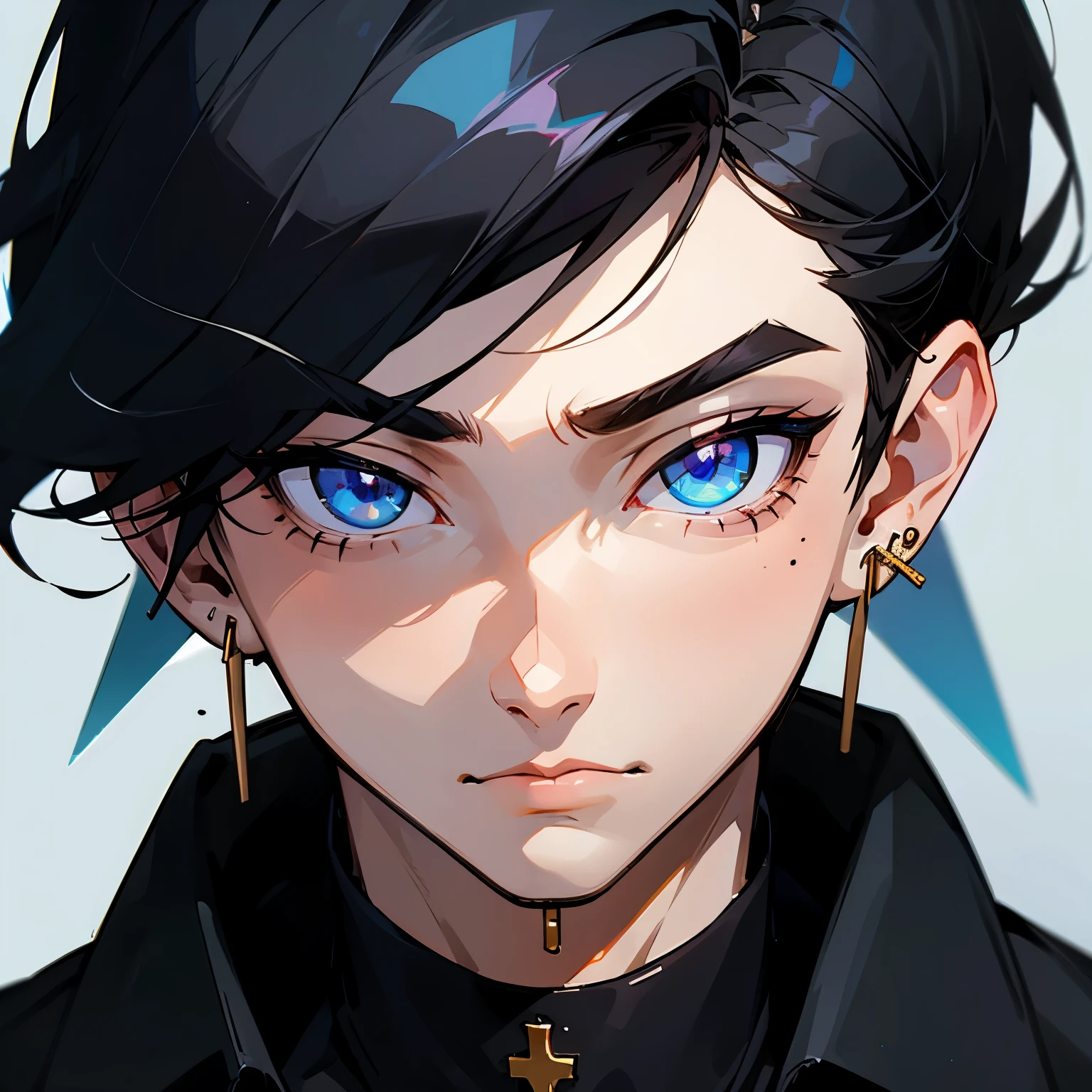 a boy who has black hair and lazy gem blue eyes, wears a pair of cross earrings and has a mole under his right lip