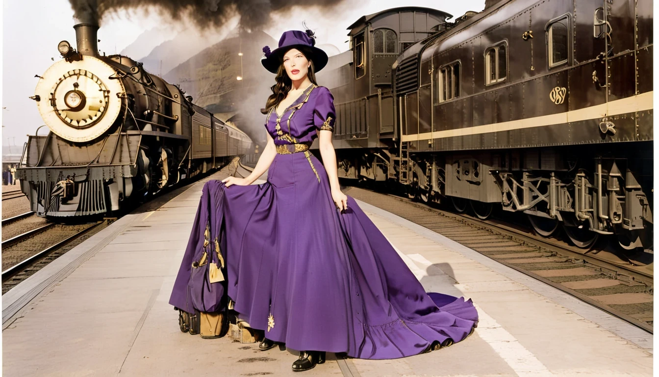 (Liv Tyler) (27 anos) com vestido Dourado com Ametista, The skirt is long to the floor and wearing a hat, encostado em um trem, in a train station like in the 1940s, Locomotive with smoke in the center、Farol、Japan Field、film set、Ghibli、lua grande、nuvens,mesa,melhor qualidade,sketch style, Moda vintage, 1920s Vibes.