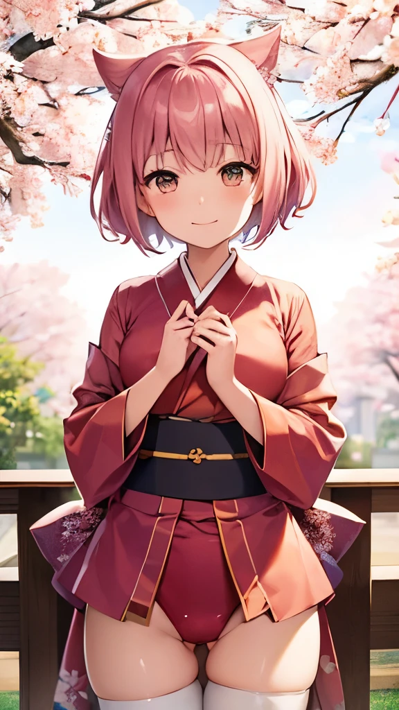 kimono、pink kimono、red leotard High leg、High leg、white thigh high socks、girl, beautiful girl,shyly、smile、clear、、short hair、(masterpiece), (highest quality), Super detailed, perfect face, perfect body, Are standing、flowering tree、spring