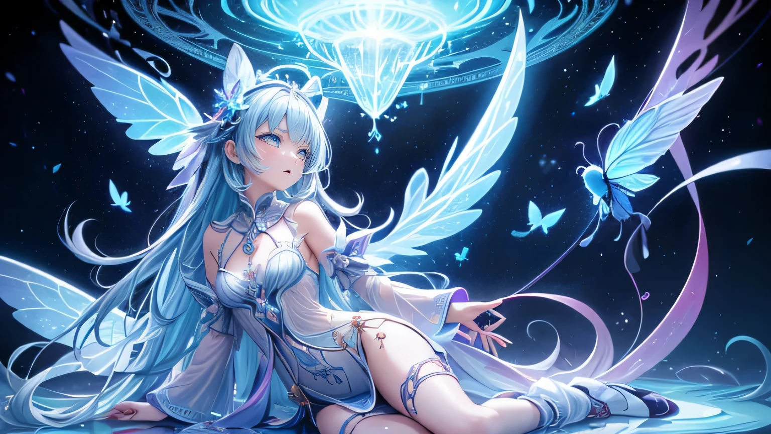 super high image, super detail, super high resolution, hologram, holofilm, translucent, iridescent, cute fairy, background fantasy, galaxy, magic circle, kaleidoscope, give off rainbow and gold neon light many lines radially from floor and ceiling, professional lighting