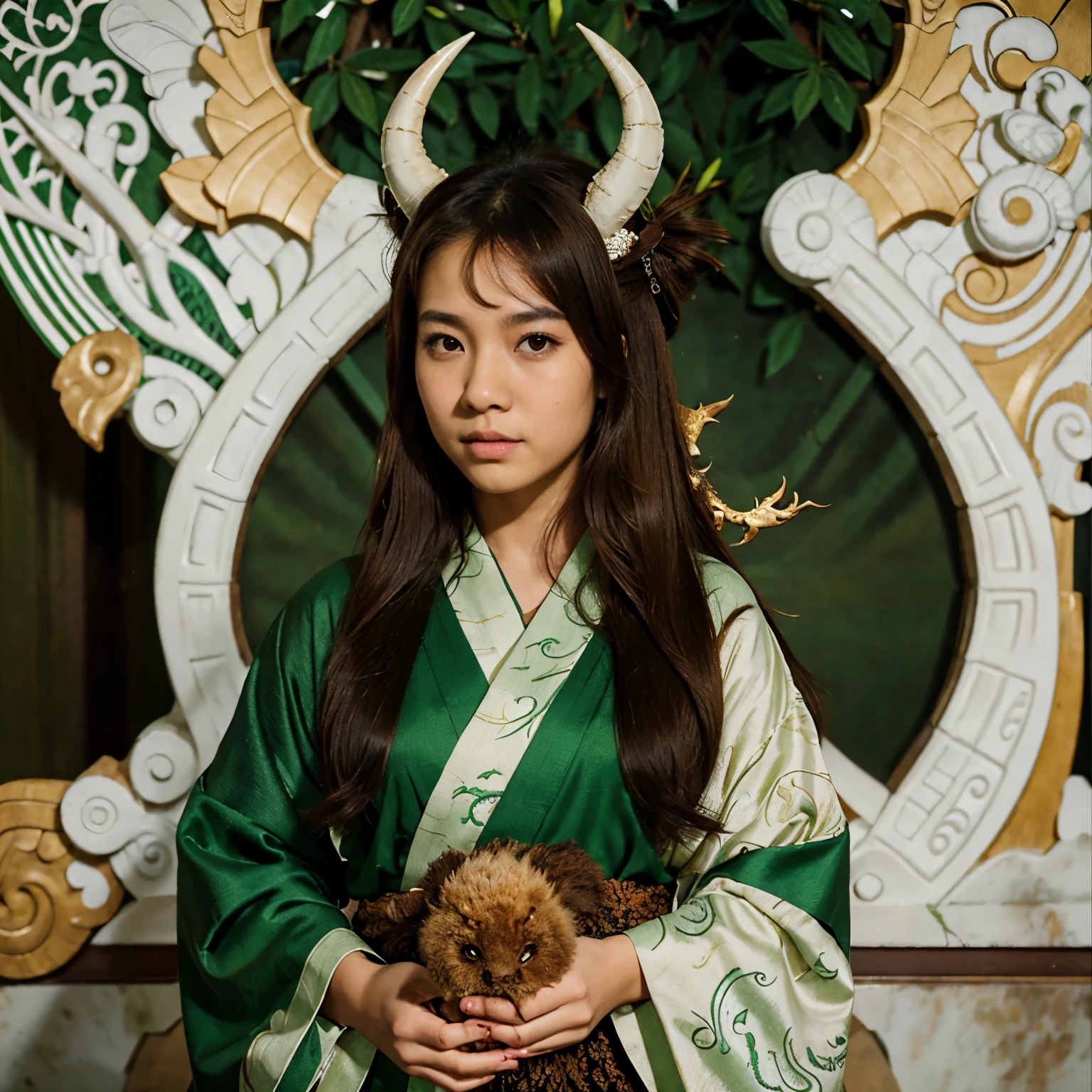 A high school Afro-Asian as Brown and white eyes and brown hair and dragon tail and Horns wearing a green kimono as a dragon pet