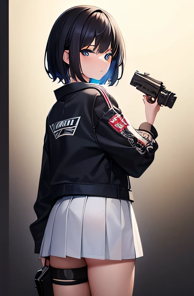 teenager girl, bob hair style, black hair, white T-shirts, wearing short blue jackets, black short skirts, black eyes, holding ak47, a very small drone flies overhead, black plain thigh-highs, (best quality, 4k, high-res, masterpiece:1.2), ultra-detailed, (photorealistic:1.37), HDR, vivid colors, realistic lighting, oil painting style