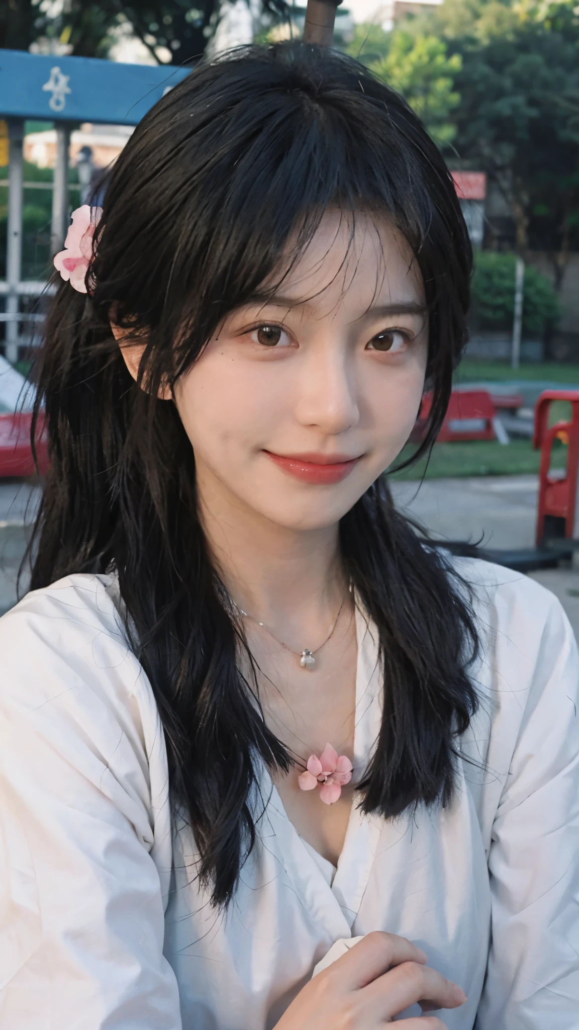 best qualtiy， 超高分辨率， （realisticlying：1.4）， Baoyu Girl， Black long straight，A pair of clear and moving peach blossom eyes,Royal Sister，校服，sunshine on face，Scroll，（School playground：1.4），（choker necklace：1.2），（Fair skin：1.9），（full bodyesbian：1.2）a sense of atmosphere，a beauty girl， ssmile，head straight-looking at viewer， closeup cleavage ，(Photorealistic:1.4),1girll,Sexy,(Upper body:1.4),(Wet body),(:1.2)