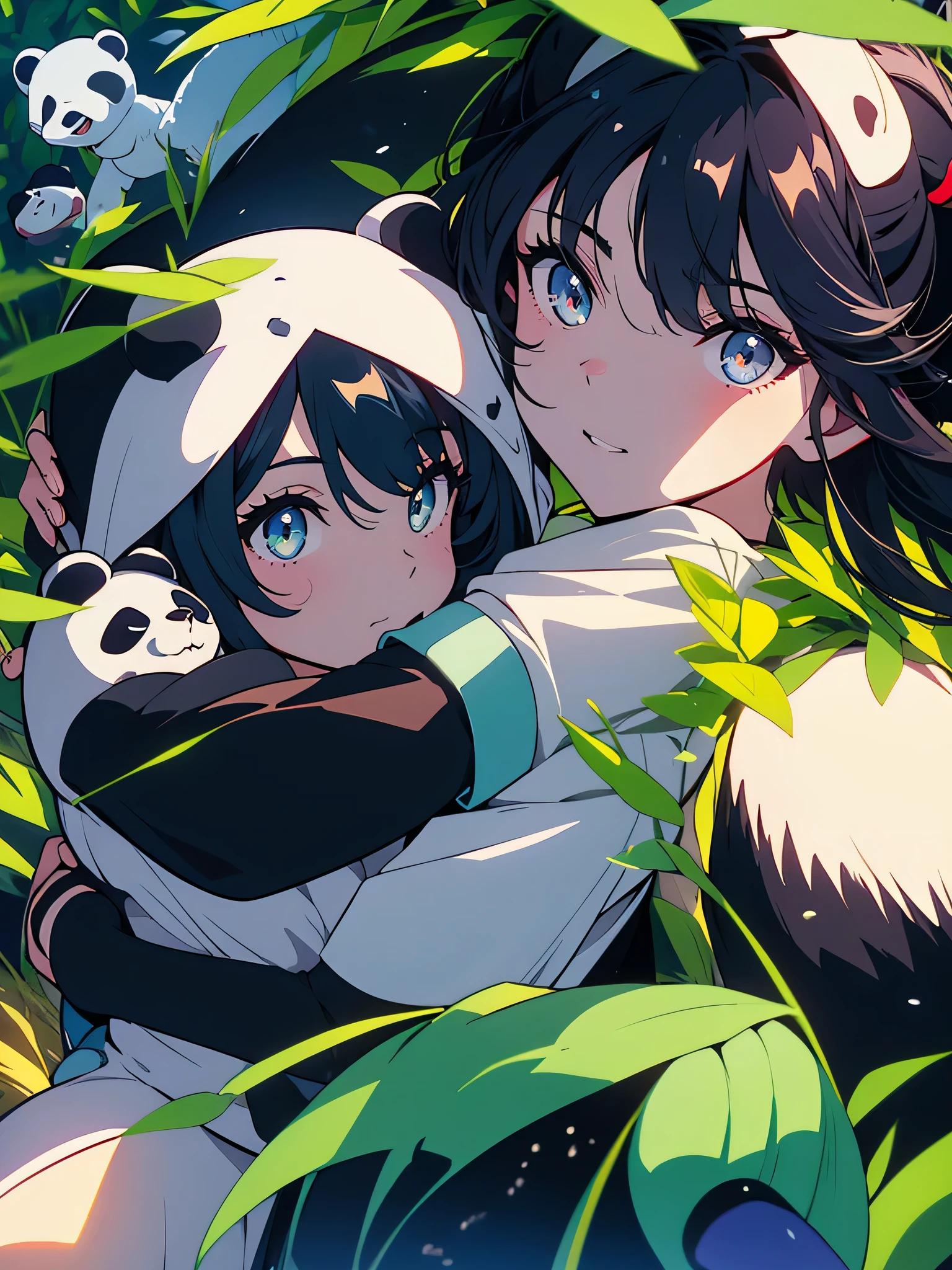 (highest quality、masterpiece、be familiar with)、(shining eyes)、(pretty girl)、(1 wild panda、animal)、Encounter a panda eating bamboo leaves、(girl hugging a panda)、fantasy、healing、beautiful anime