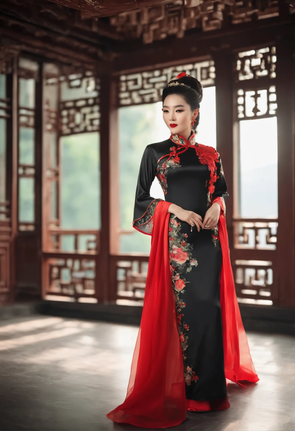 T stage catwalk, high-looking Chinese beauty model, new Chinese style national style cheongsam, fashionable front photo, full body photo, high-definition photo, no red