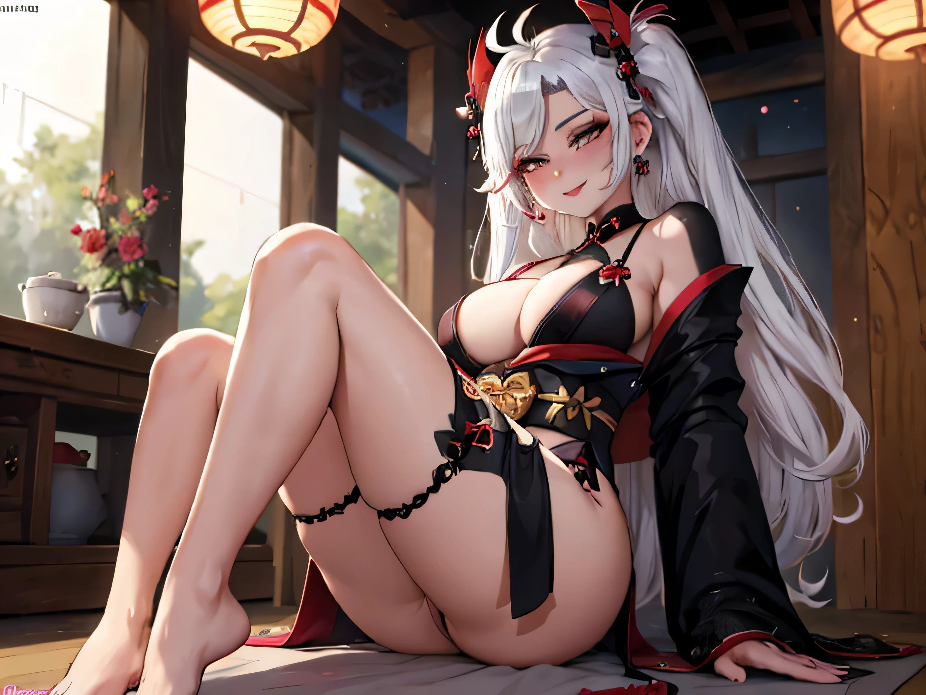 PrinzV4; 
black kimono with a rosery pattern, cleavage, barefoot, beautiful legs, cross-legged, white hair, hair ornament, heart-shaped pupils, sanpaku, earrings, makeup, smile, evil smile, blush, naughty face, naughty, japanese traditional clothing,
high detail, anime, anime style, depth of field, cinematic lighting, ray tracing, dithering, from below, perspective, Canon, f/1.2, 35mm, bokeh, Wide-Angle, UHD, retina, masterpiece, ccurate, anatomically correct, super detail, high details, high quality, award winning, best quality, highres, 16k
