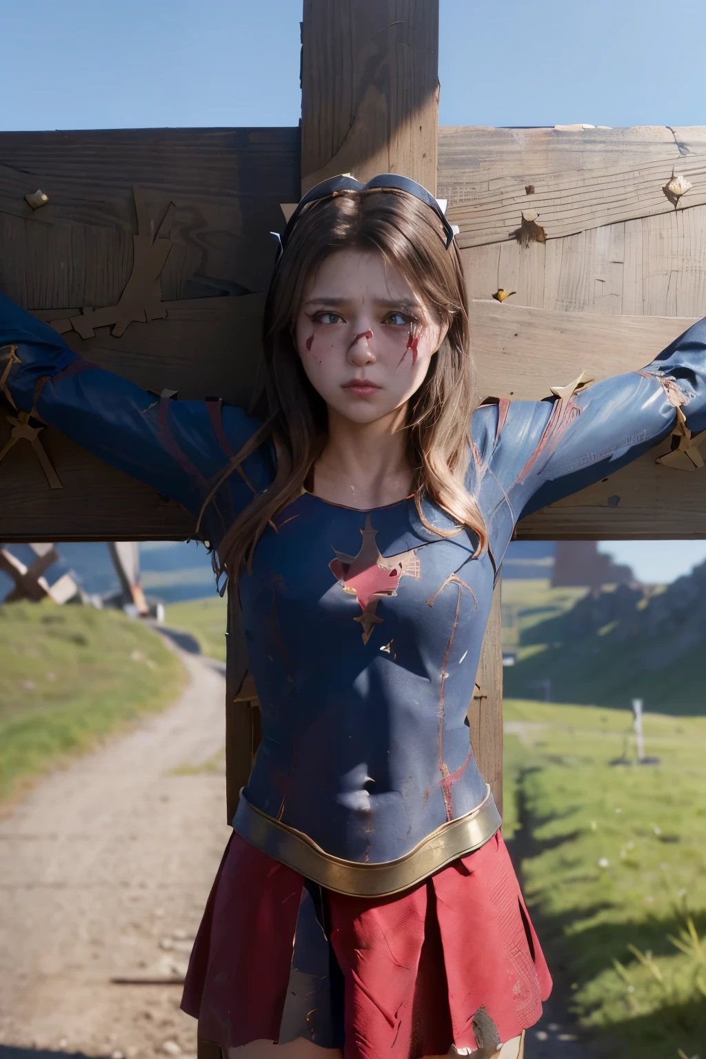 highest quality,masterpiece,UHD, Super detailed, 8K,(Beautiful woman),(一人のBeautiful woman),((crucifixion:1.5)),((cross)),(execution),((incontinence)),scared,torture,slave,((crossにcrucifixionにされた女性:1.5)),crucifixion刑,(supergirl),red skirt,((torn costume:1.4)),(tattered clothes),((Bruises on face and body:1.4)),Defeated heroine,a devastated world,ruins,abandoned building