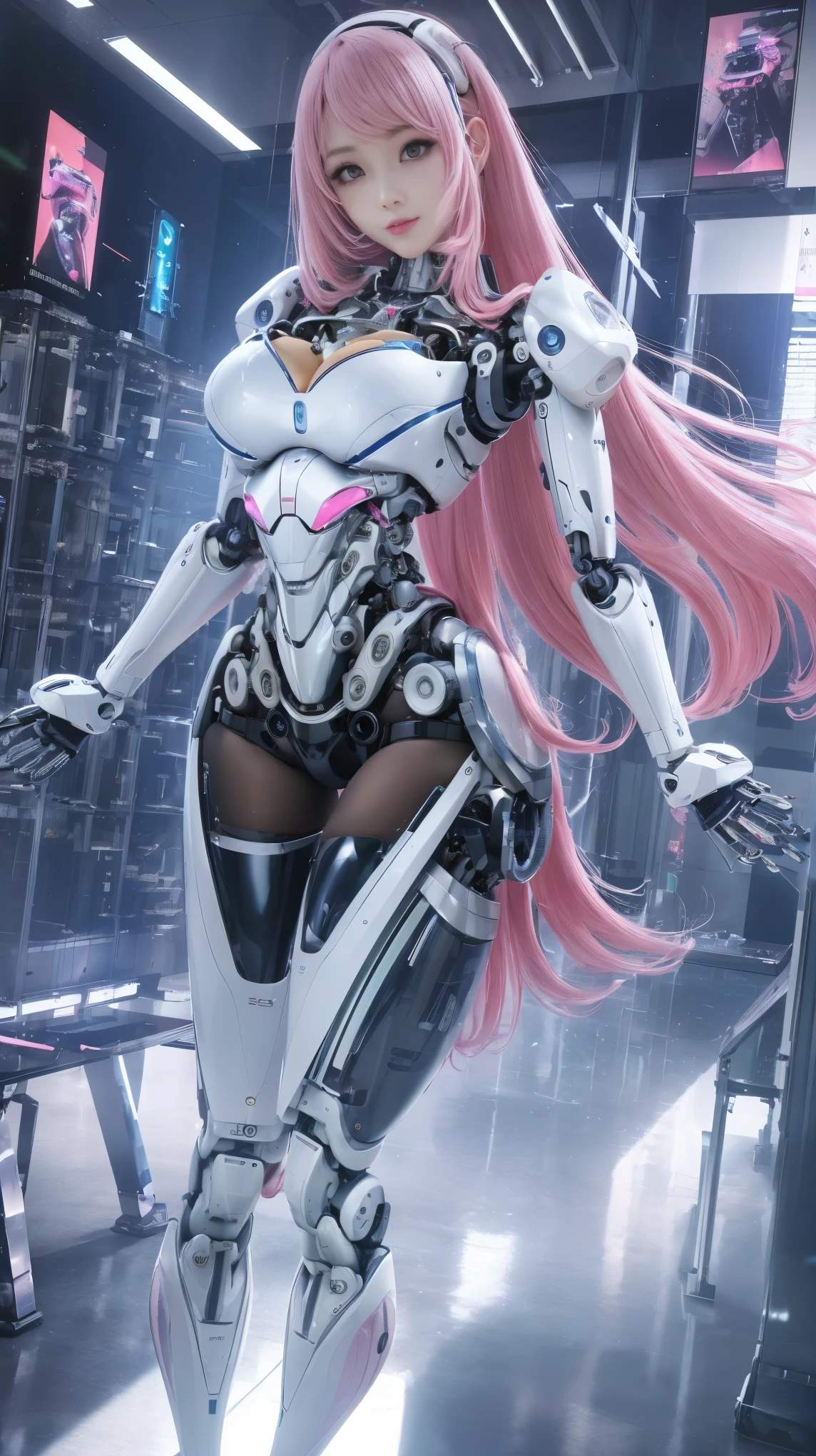 ((masutepiece)), ((best quality), high quality、ultra definition, (Realistic), ((proportional face))、fulcolor、(science fiction)、(solo)、Beautiful female robot、Combat Robot、(Robot joint perfect)、(Detailed electronic board)、(Machine frame)、White porcelain mechanical guard、(Oval plump face)、(almond shape eyes)、thin mouth、flat、((Two-handed perfect mechanical))、(Out of town) 、Perfect robot legs、Pink hair