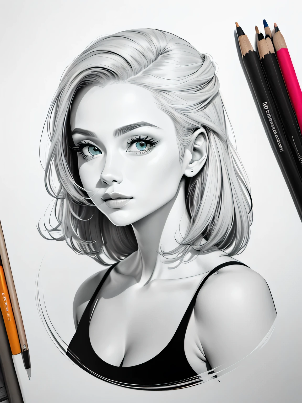 Um desenho de uma mulher atraente no estilo de Frazetta e John Braund, tinta sobre papel, Minimalista, fundo branco, retrato, cores fortes, linhas e formas suaves, tons de creme claro e marrom escuro