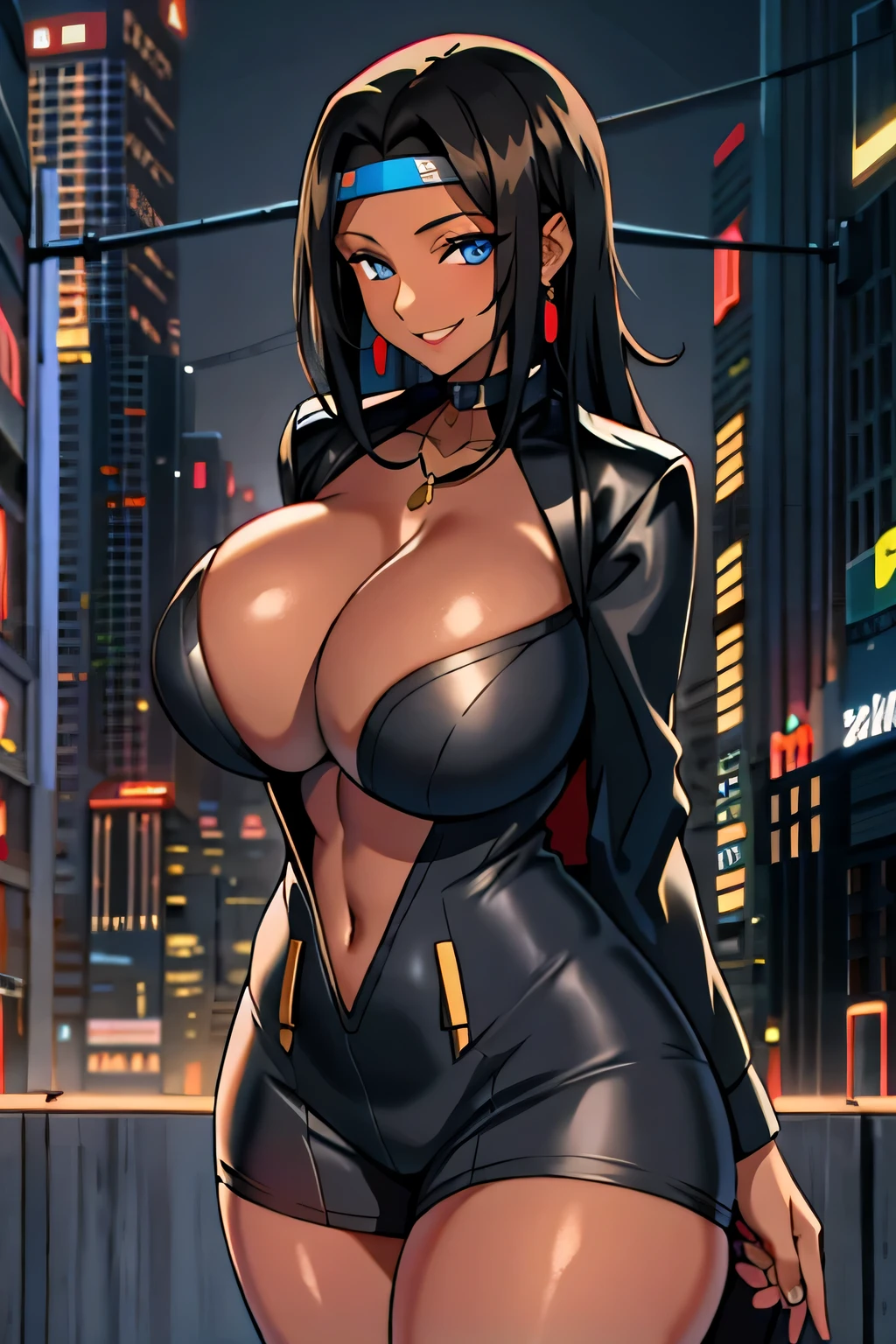 long black hair, colored skin, brown skin, blue eyes, solo, smiling, standing, upper body, hips, gigantic breasts, black clothes, cleavage
