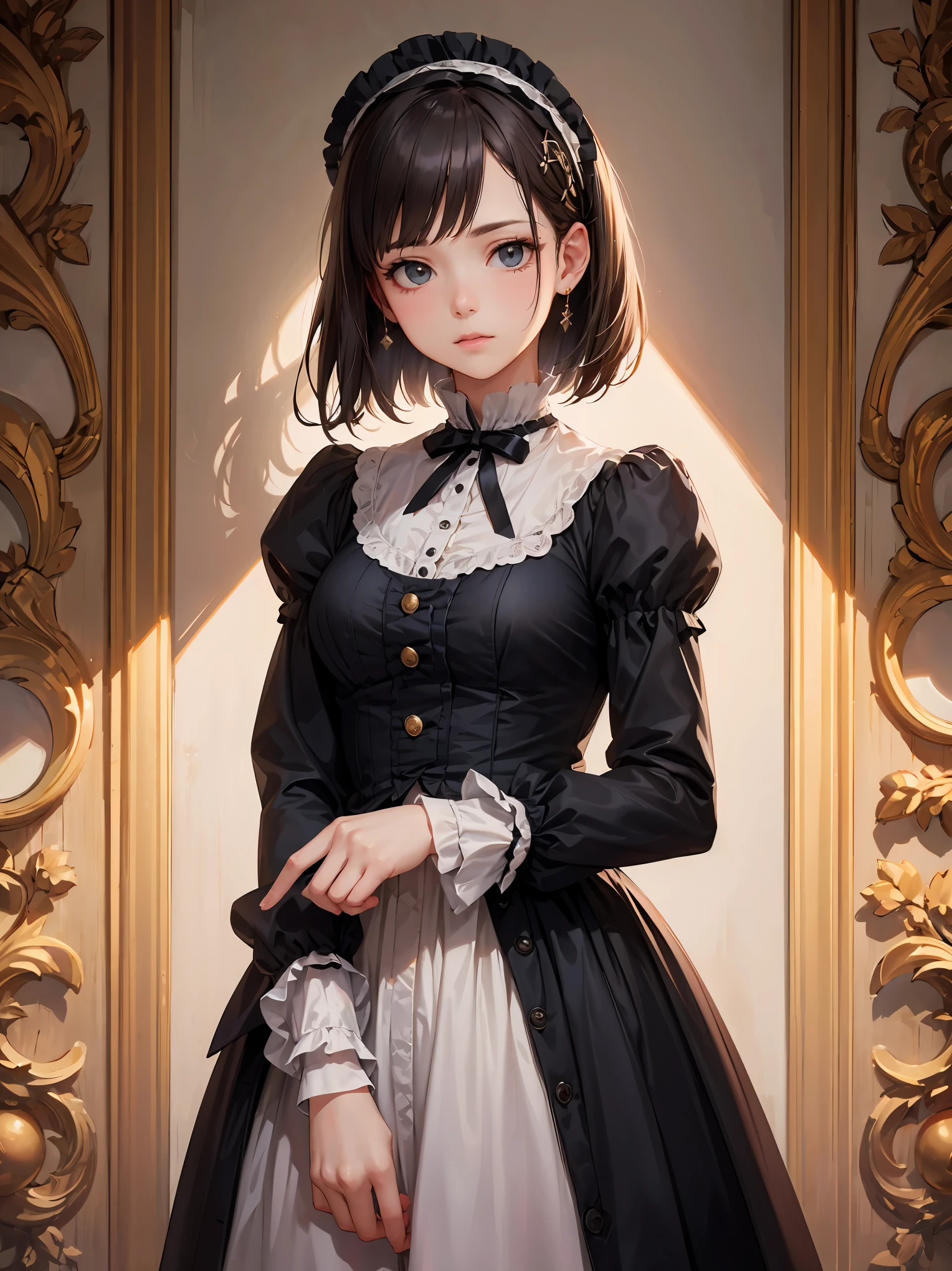 (highest quality、16K、masterpiece、ultra high resolution、Victorian era、Photoreal:1.2)、cowboy shot、One length bob cut braided hair clip with front drop、big ribbon、brand uniform cute、clear、 Tsundere、heroine attributes、artistic shadow