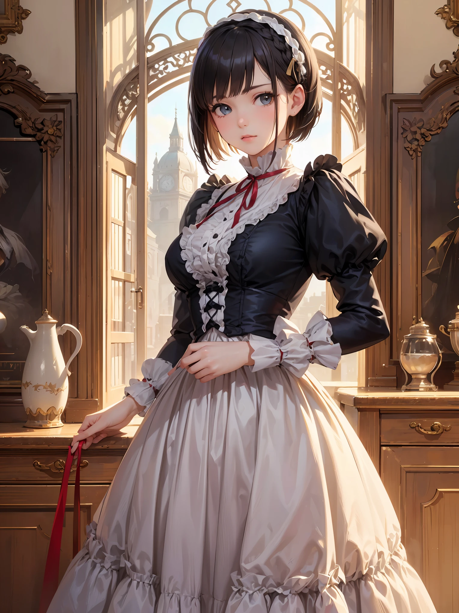 (highest quality、16K、masterpiece、ultra high resolution、Victorian era、Photoreal:1.2)、cowboy shot、One length bob cut braided hair clip with front drop、big ribbon、brand uniform　cute、clear、 Tsundere、heroine attributes、artistic shadow
