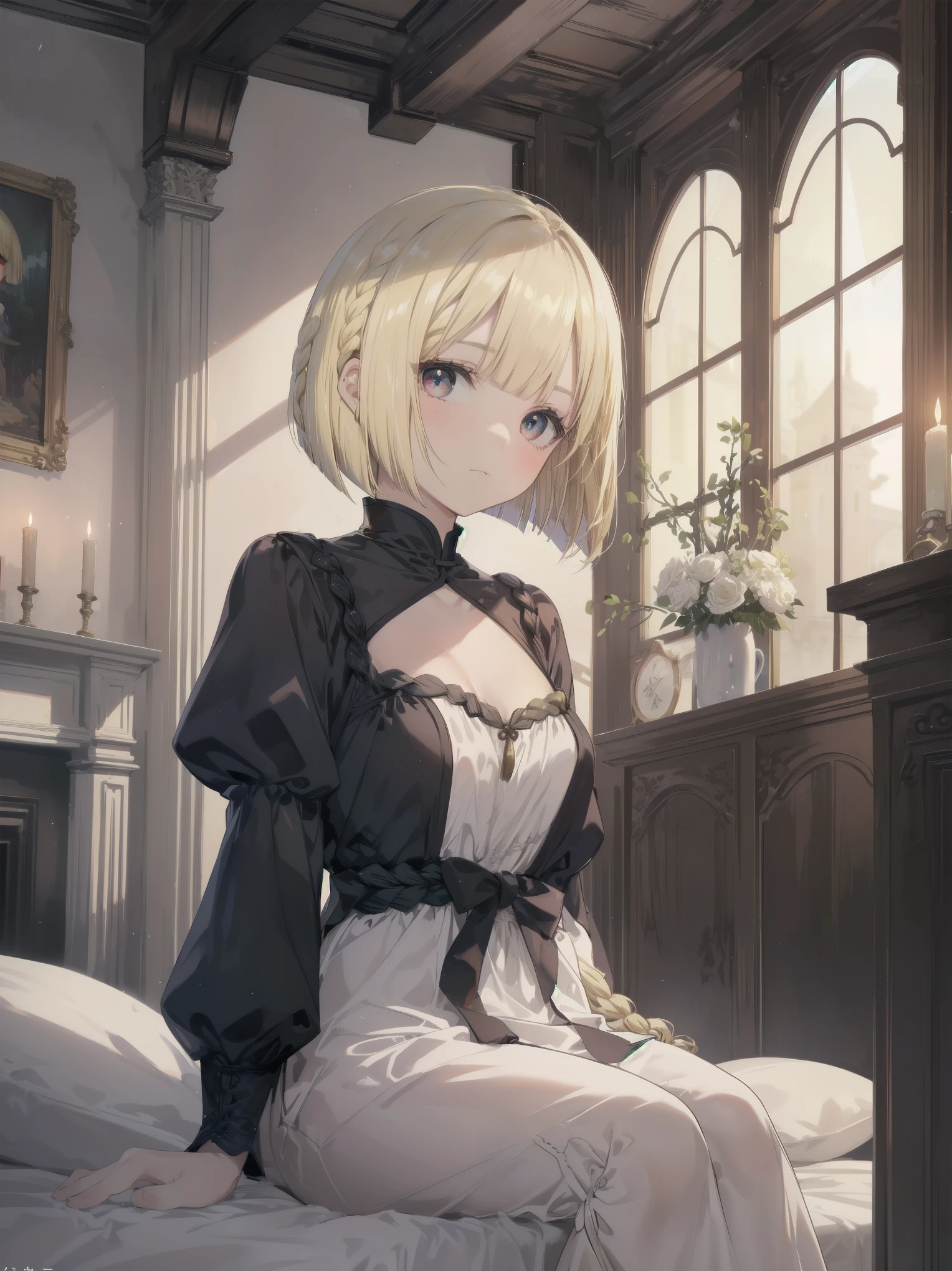 (masterpiece, top quality), (absurd resolution), (8K), (detailed beautiful face and eyes), (detailed illustrations), (super fine illustrations), (vivid colors), (professional lighting), nice hands, perfect hands, BREAK cinematic angle, Dutch angle, (close-up, medieval European, sitting bed: 1.3), BREAK (Dragon Quest style), 1 girl, solo, (blonde one length bob cut braided: 1.6), red eyes, china like skin, shiny hair, (big eyes: 1.2), BREAK expression, neckline ribbon: 1.4), lesaxi-length long sleeve, linen, beige negligee, BREAK (night: 1.3), indoor, ( Stockholm, 1920 Europe), (old western room, canopy bed, furniture, fireplace, candleagnificent view), (cinematic shadows, cinematic lighting), (blurred background),
