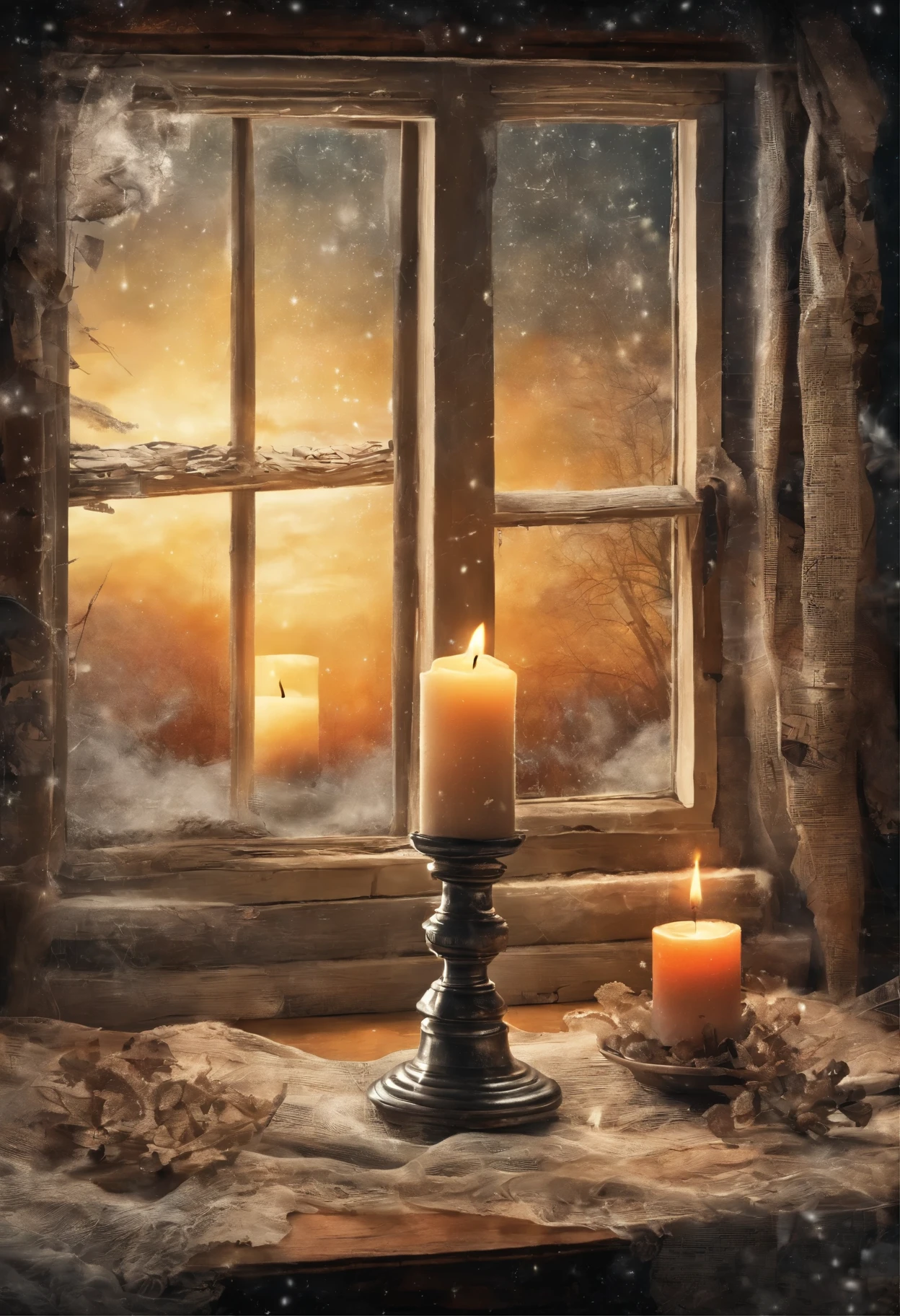 A candle is on a table and the candle is close to the camera. The radiant table is next to a window and the window is closed behind the window, showing the winter atmosphere. 