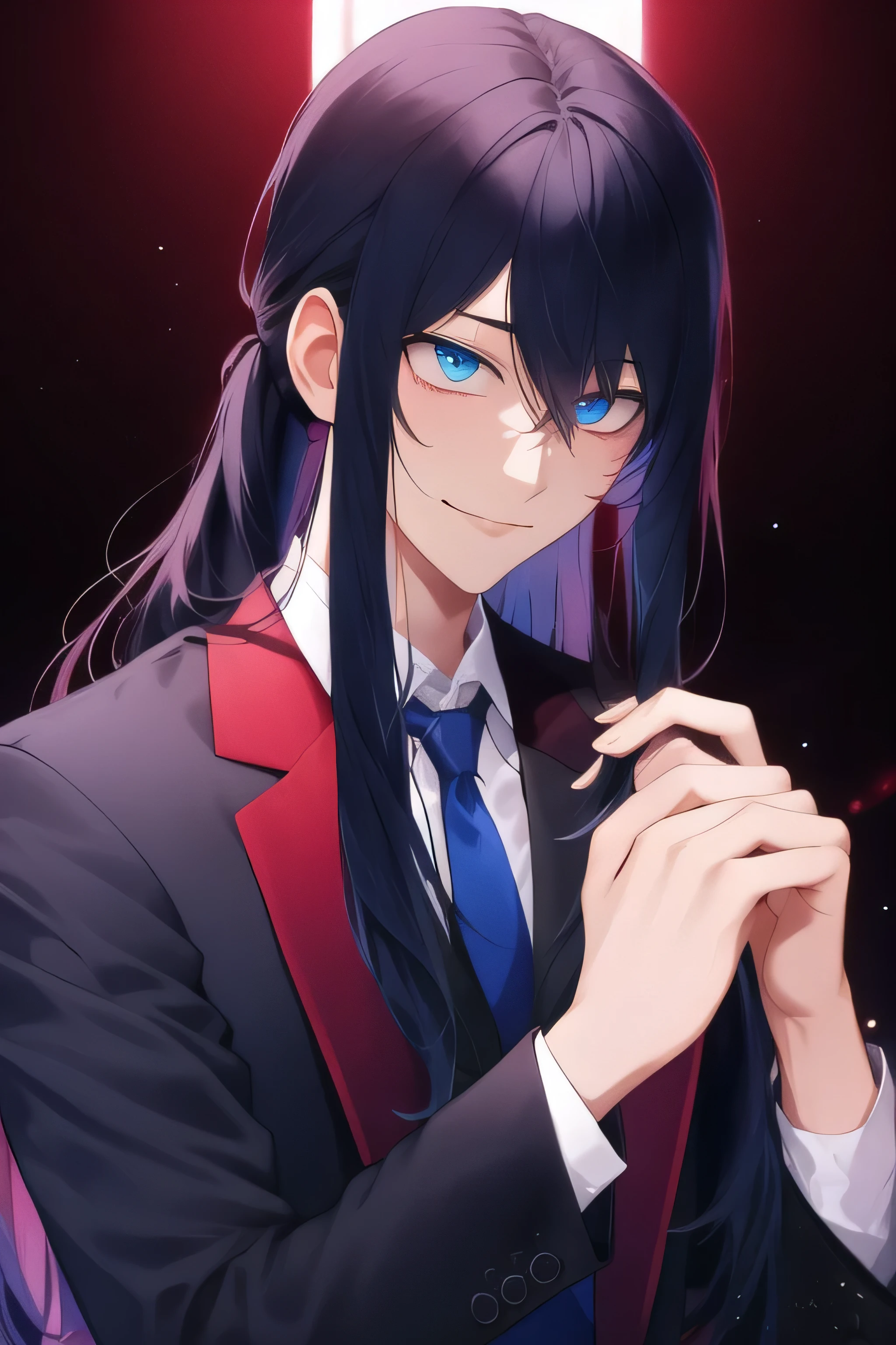 Tall teenage guy, He has long black hair, tied in the tail, he has Japanese blue eyes, he himself is dressed in a black classic suit with a red tie, A slight smile on his face, he is a yandere by nature