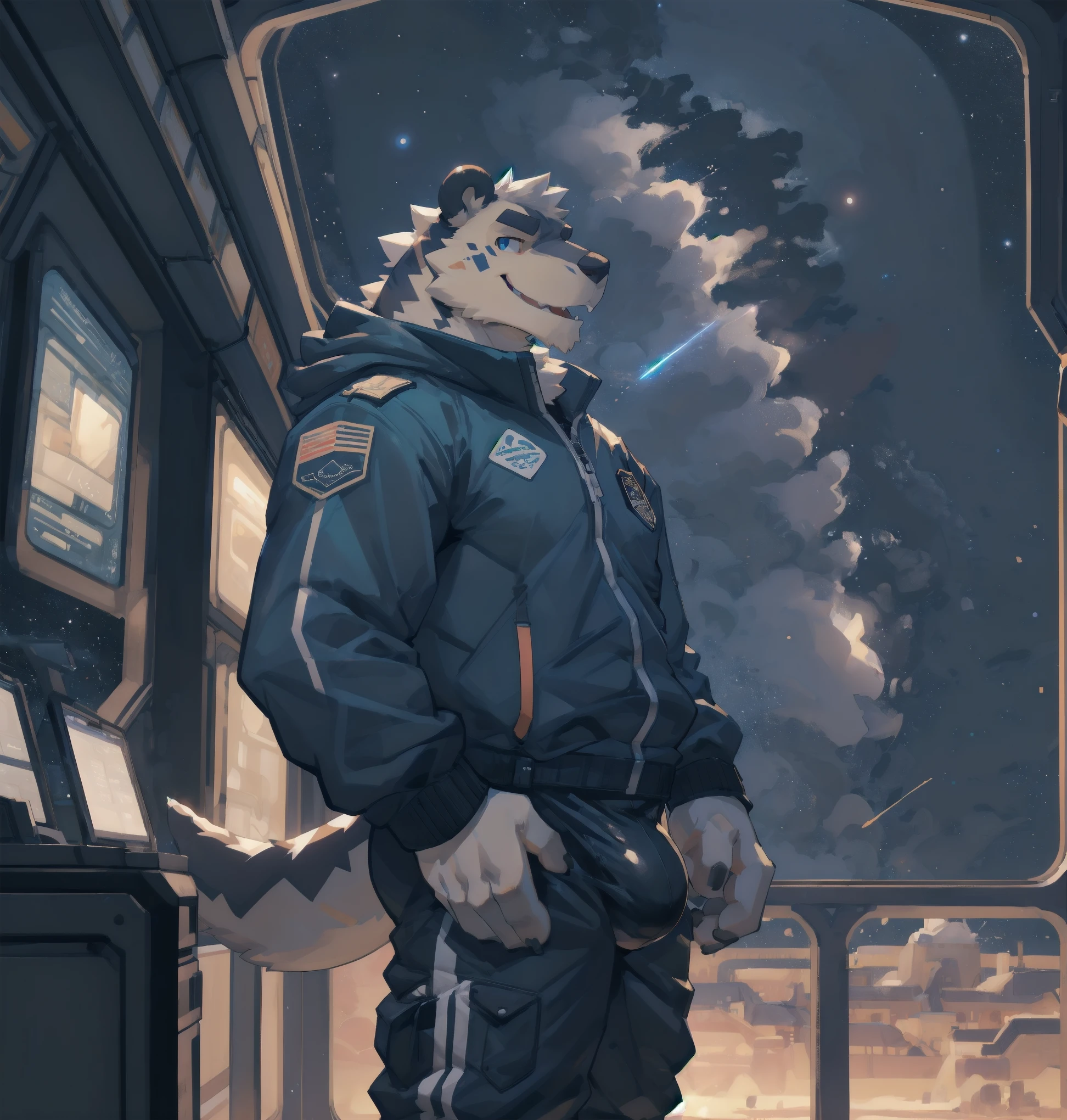 Solo, male, legs spread open, pulling pants down, by bigcozyorca, by goonie-san, by bebebebebe, by spikedmauler, facing viewer, panda pattern, black and white colored tyrannosaurus, bushy tail, buff, spacesuit, pulling pants down, showing off bulge, showing off, space observation deck background, open mouth, detailed mouth, tongue hanging out, drooling, smirking, eductive smile, lustful grin, bulge, bulging, hard bulge, adjusting hard bulge, adjusting bulge, adjusting crotch, masterbating, jacking off, touching dick, big erect cock