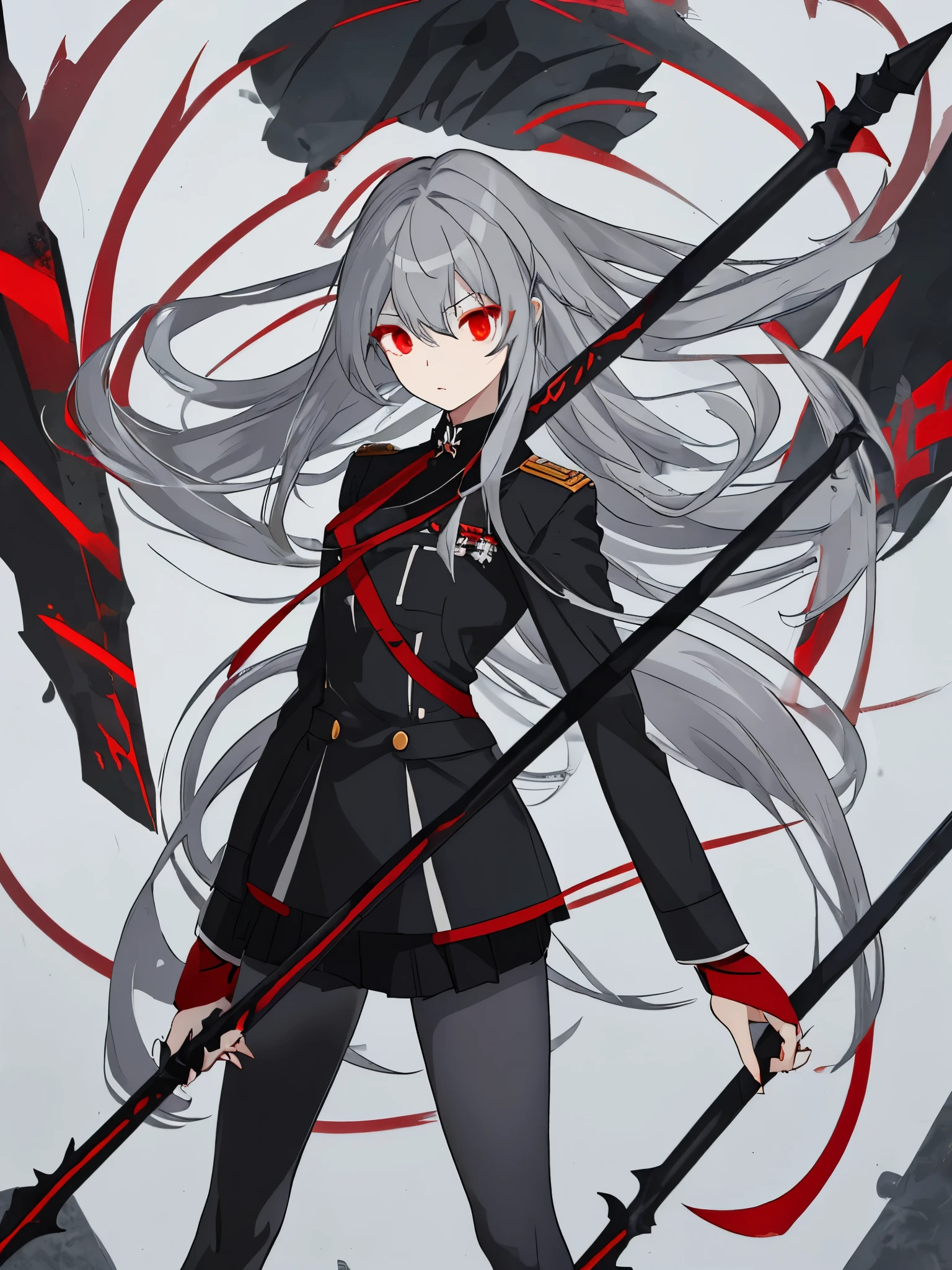 gray hair red eyes long hair uniform black tights hold a spear cool