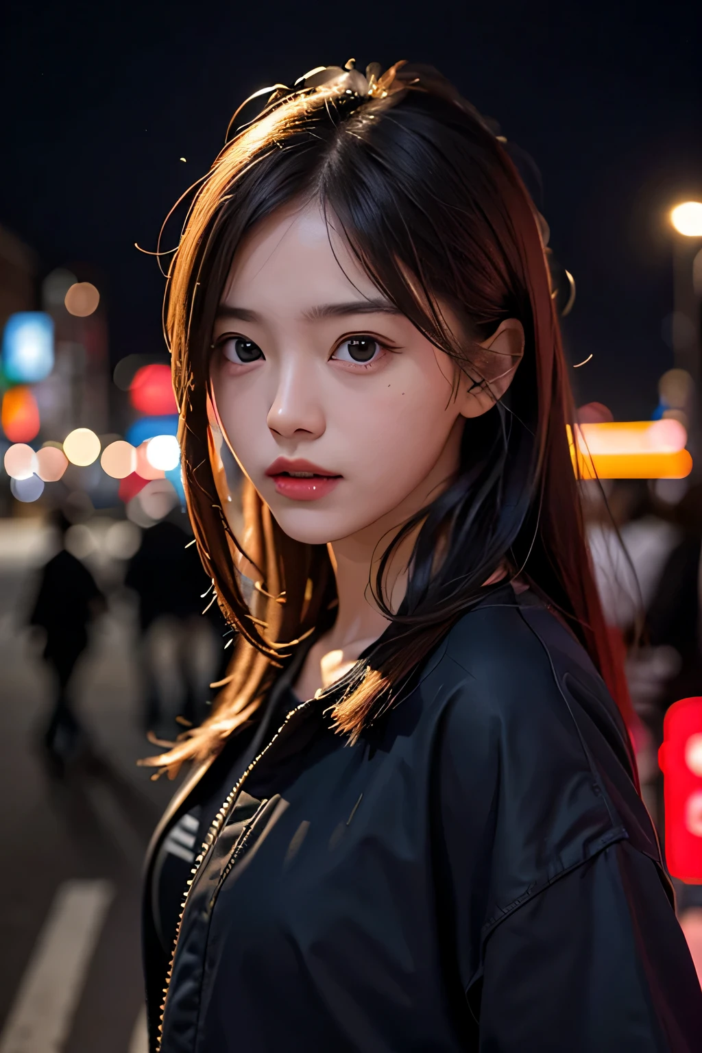 1 girl, tokyo street,night, cityscape,city lights, Upper body,close, 8k, RAW photo, highest quality, masterpiece,realistic, photo-realistic,