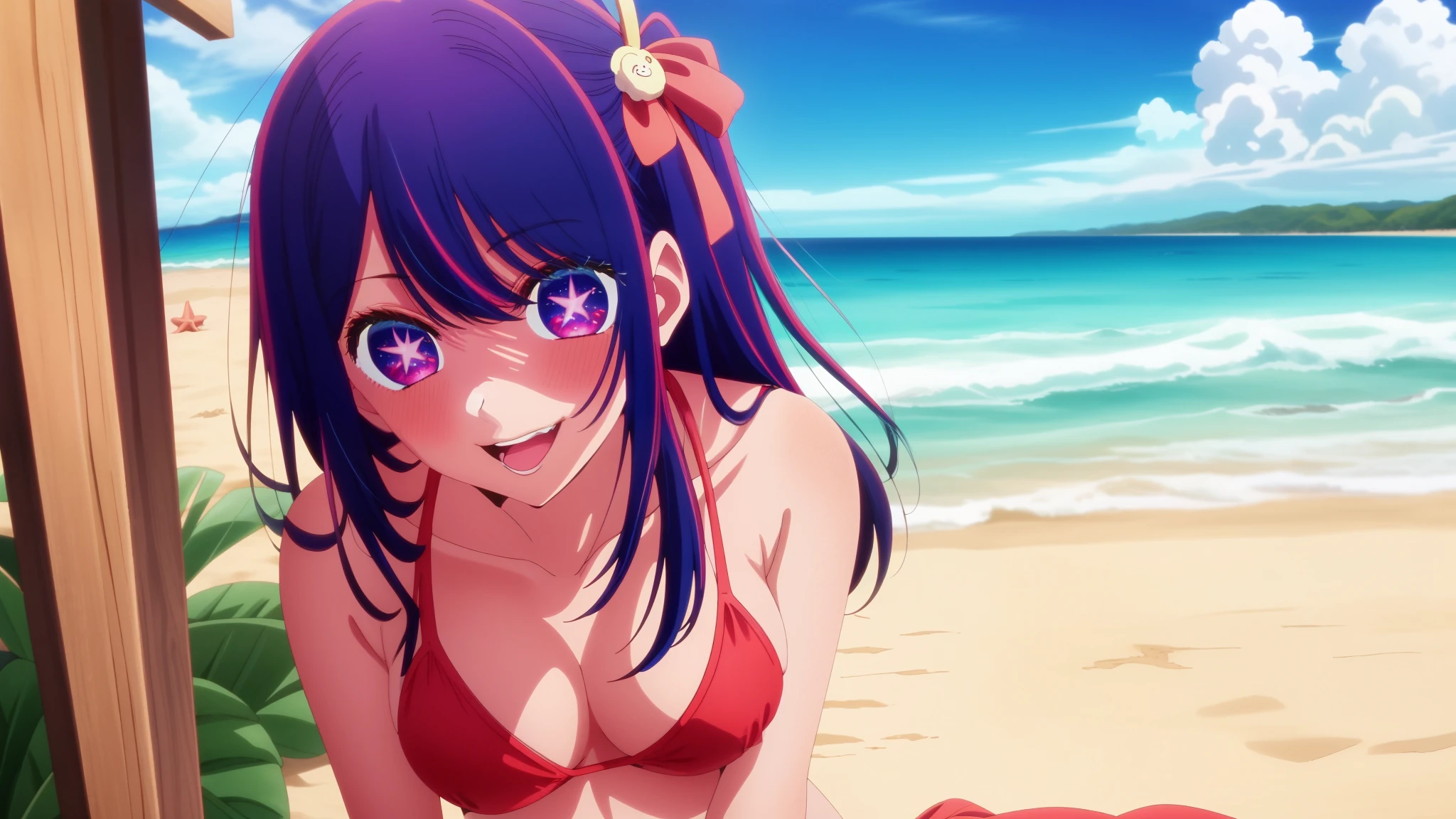 master piece, best quality, 8k, ultra high resolution, highest quality, anime style, best writing, beautiful face, anime style, best lighting, beautiful face, (1 girl), Ai Hoshino, Six-pointed star in the eye, (Colorful atmosphere), best smile, blush, wink, cute style, saturated colors, Ai Hoshino, Big eyes, Eyes of Fantasy, purple hair, Happy, hair accessory, (red bikini:1.3), red swimsuit, floral swimsuit, beach, sandy beach, full body, tilt the camera