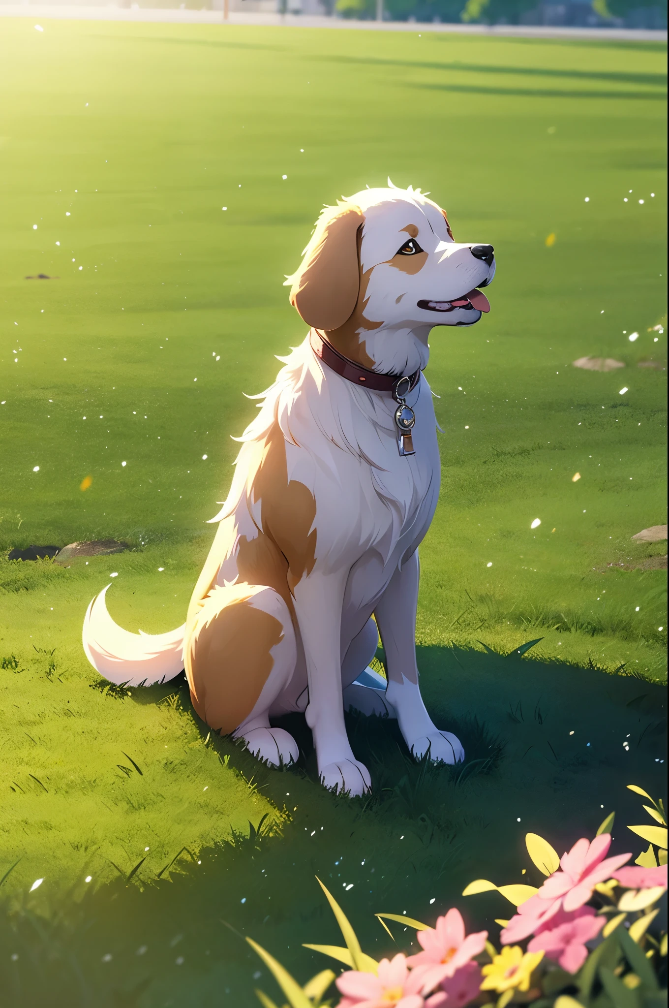 a cute dog is sitting on the grass, anime style, cinematic lighting, ray tracing, (lens flare:0.8), ((masterpiece)), ((super detail)), (high details), (high quality), best quality, textured skin, accurate