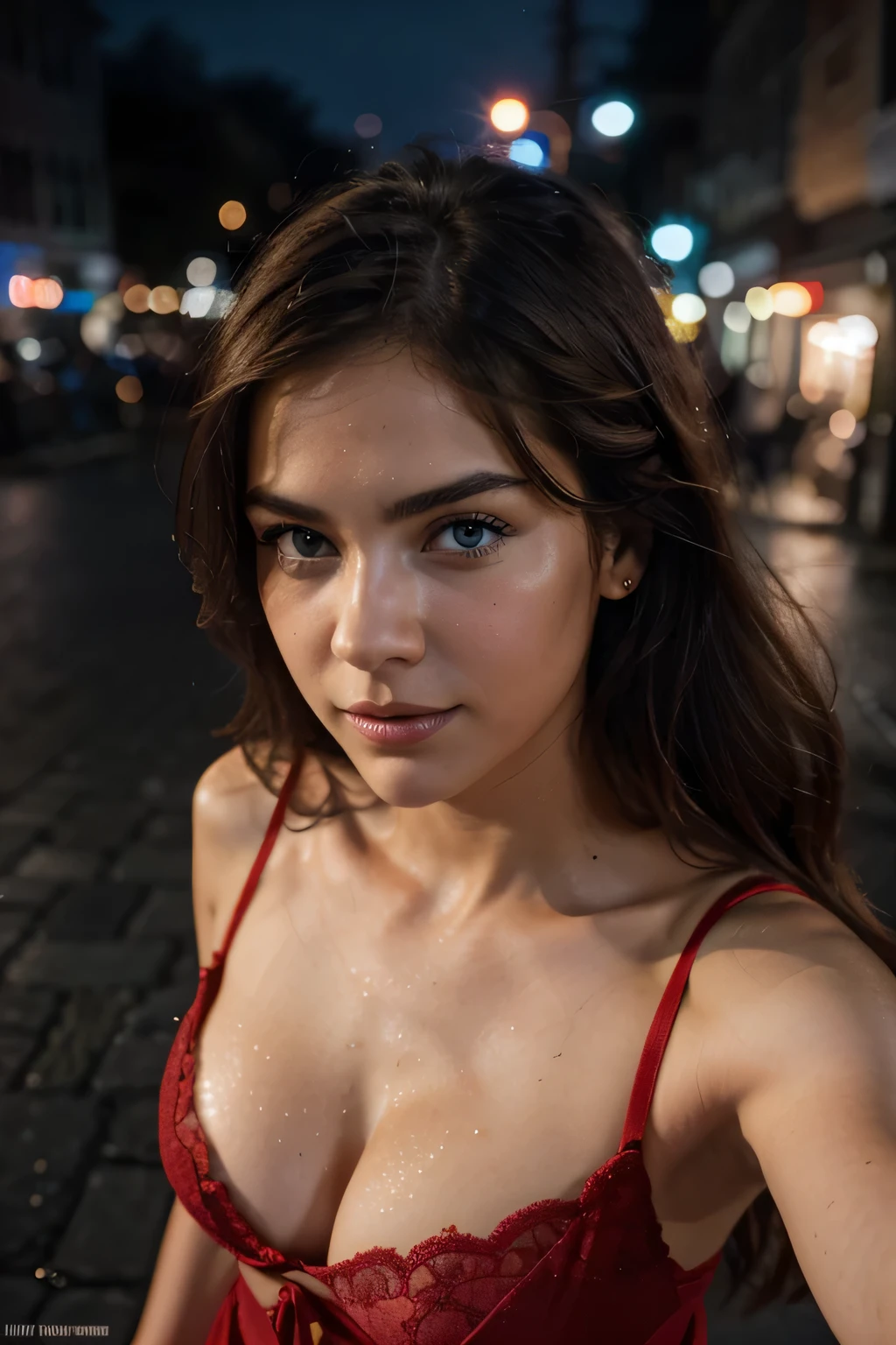 25 year old girl, Looks straight into the camera, Alone, Expressive shaped eyebrows straight, thin lips, Brunette, looking up at viewer, low hairline, blue eyes, actuall nase, flirting with the camera, detailed skin pores, peau grasse, coup de soleil, complex eyes details, , gros seins, beautiful girl, nikon d850, film stock photograph ,4 kodak portra 400 , rich colors, hyper realistic, top-quality, maximum details, roughness, real life, ultra realist, photorealism, photographie, Very vivid surroundings, HDR,(selfie shot, from above:1.4), (half body postrait:1.4), RAW uhd portrait photo (blue-eyed woman) walking down a dark alleyway, nighttime city background, (red sundress), (cleavage), detailed (textures!, hair!, shine, color!!, imperfections:1.1), highly detailed glossy eyes, (looking at the camera), specular lighting, dslr, ultra quality, sharp focus, tack sharp, dof, film grain, (centered), crystal clear, center of frame, cute face, sharp focus, street lamp, neon lights, bokeh, (dimly lit), low key, at night, (night sky) detailed skin pores, oiled skin, tan, intricate eye detail