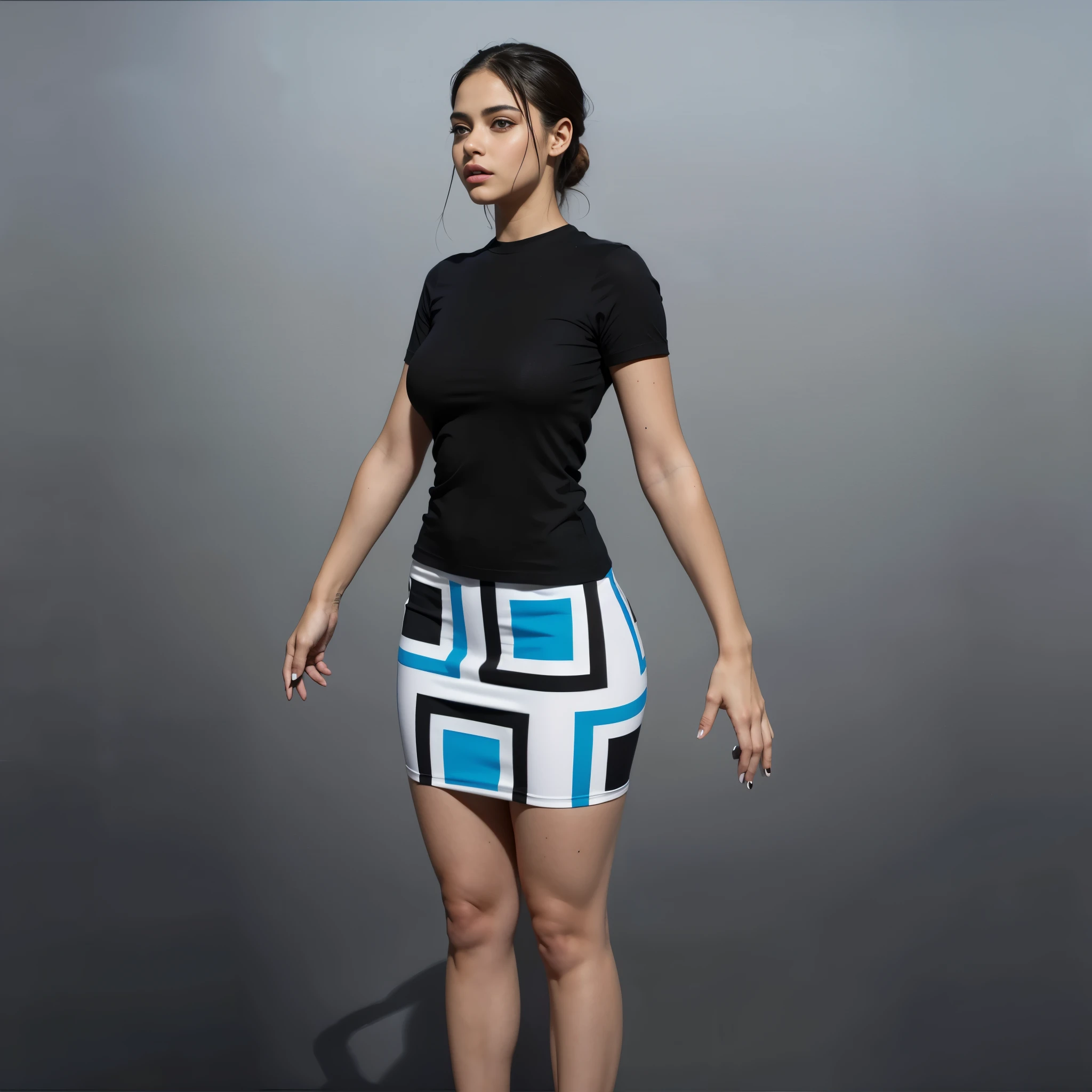 beautiful Latina girl Odeya Becky G, ((big round breasts)), big hips, beautiful soft thighs, beautiful legs, wearing cotton-Lycra black t-shirt and tight miniskirt with abstract blue-black-white square theme, Vibrant, vivid, shadows, lumen, HDR, 8k, ((detailed: 1.4)), ((hyper realistic)), Extremely Realistic, Realism, Portrait, Raw photo, Photography, Photorealism, Photoshoot, Instagram vibes,