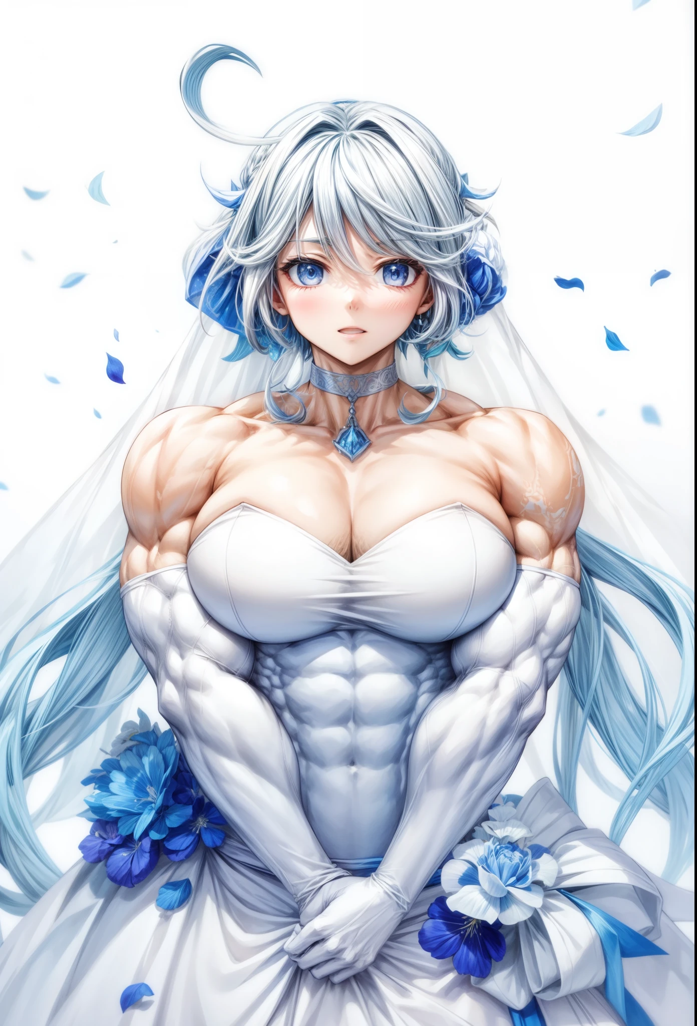best quality,furina (genshin impact), , biceps, muscular ,alternate muscle size,wedding dress,flowers,hyper muscle,covered abs, thick arms,pecs, broad shoulders,