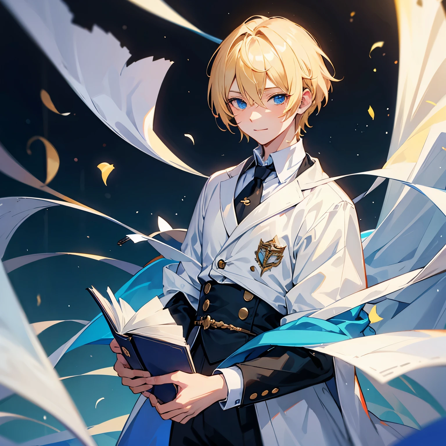Could you make an image of an anime boy with blonde hair with blue highlights?, ojos celestes, una mirada dulce junto a una sonrisa amable, con un libro en las manos, vestimenta elegante de colores blancos y celestes. as if he were a professor from the 1850s