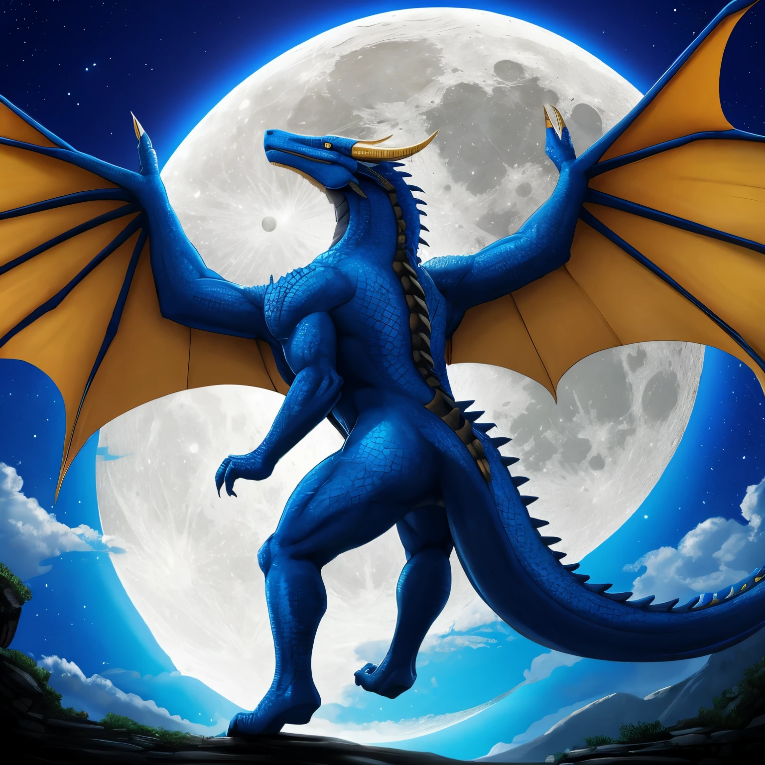 A giant blue dragon with big wings, yellow eyes, shoots rays. the moon on the back