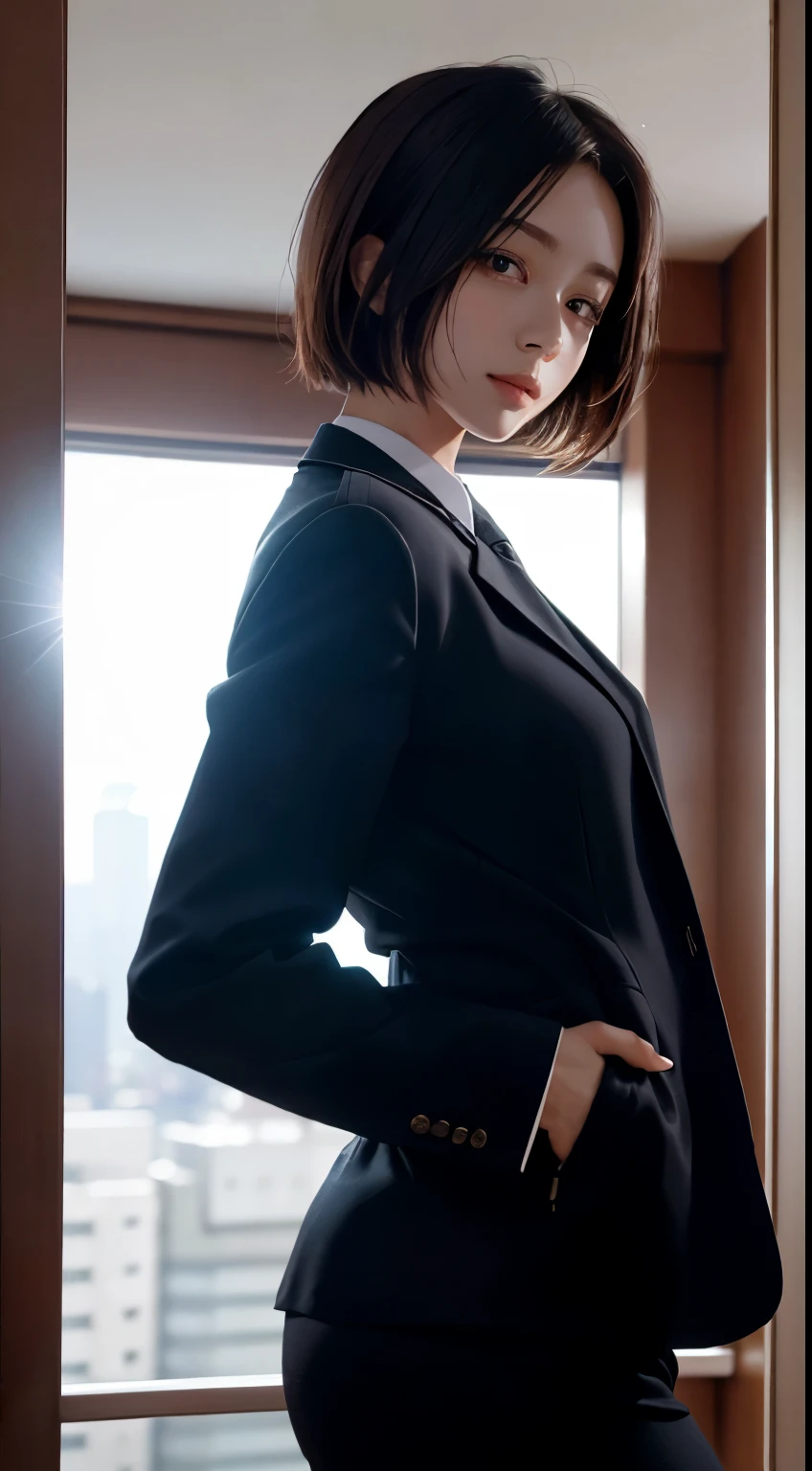 highest quality, ultra high resolution, beautiful Eyes, very short hair, beautiful,Working on the 6th floor of Akasaka Building、 perfect style, perfect balance, fine skin、looking at camera,face focus,Backlight