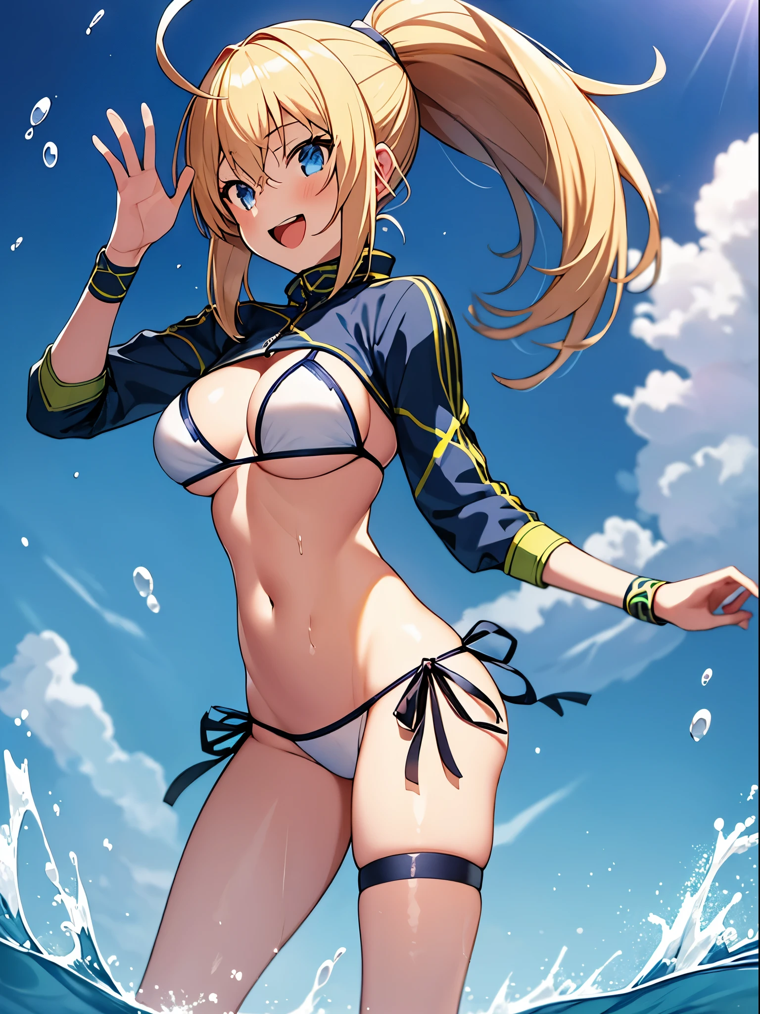 masterpiece,(ultra-detailed),1girl, mysterious heroine xx \(fate\), smile,open mouth, swimsuit, white bikini, side-tie bikini bottom, shrug \(clothing\), jacket, thigh strap, wristband, large_breasts, ocean, splashing,blonde_ponytail,open_legs,