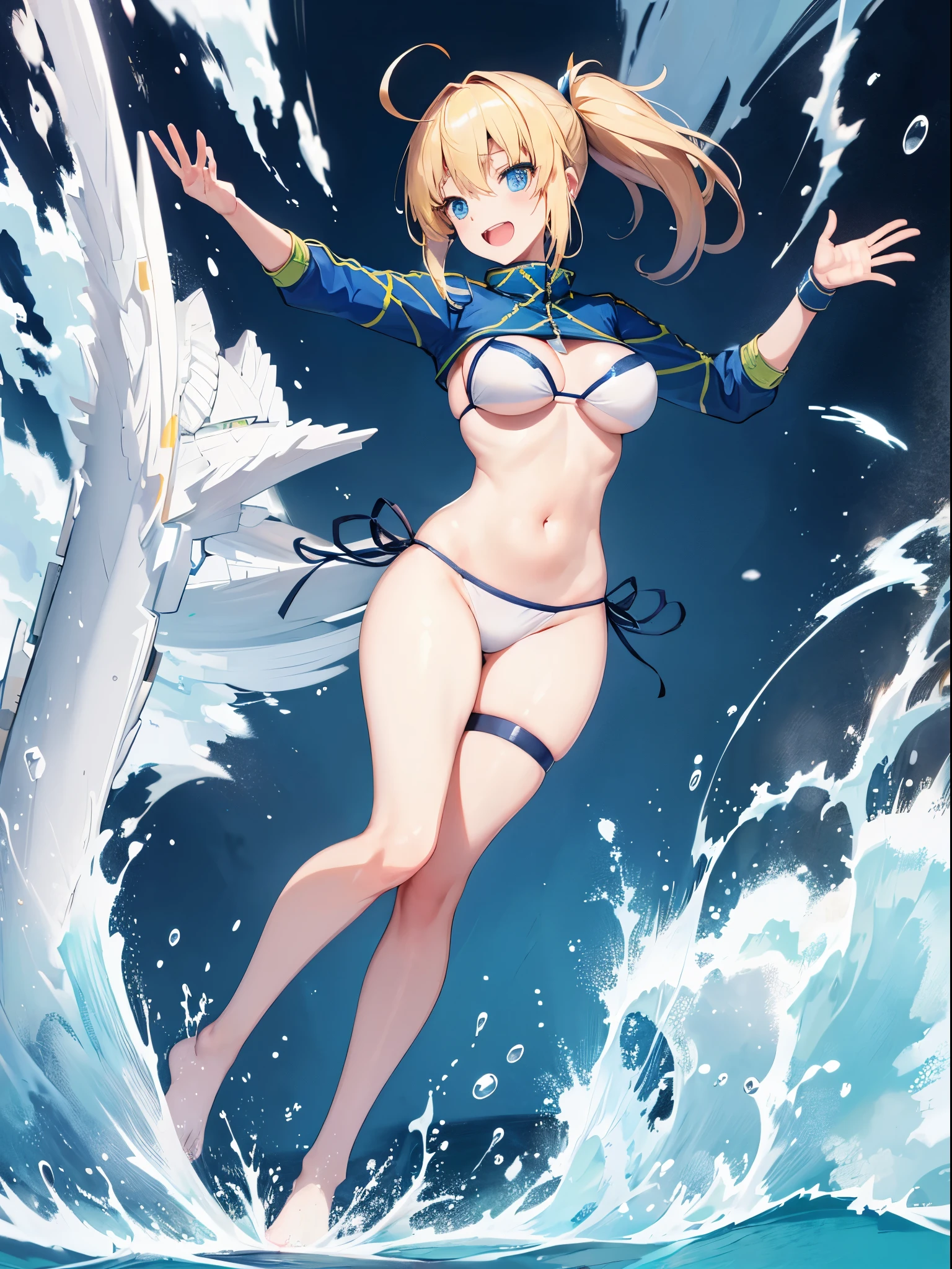 masterpiece,(ultra-detailed),1girl, mysterious heroine xx \(fate\), smile,open mouth, swimsuit, white bikini, side-tie bikini bottom, shrug \(clothing\), jacket,  thigh strap, wristband,  large_breasts, ocean, splashing,blonde_ponytail,open_legs,