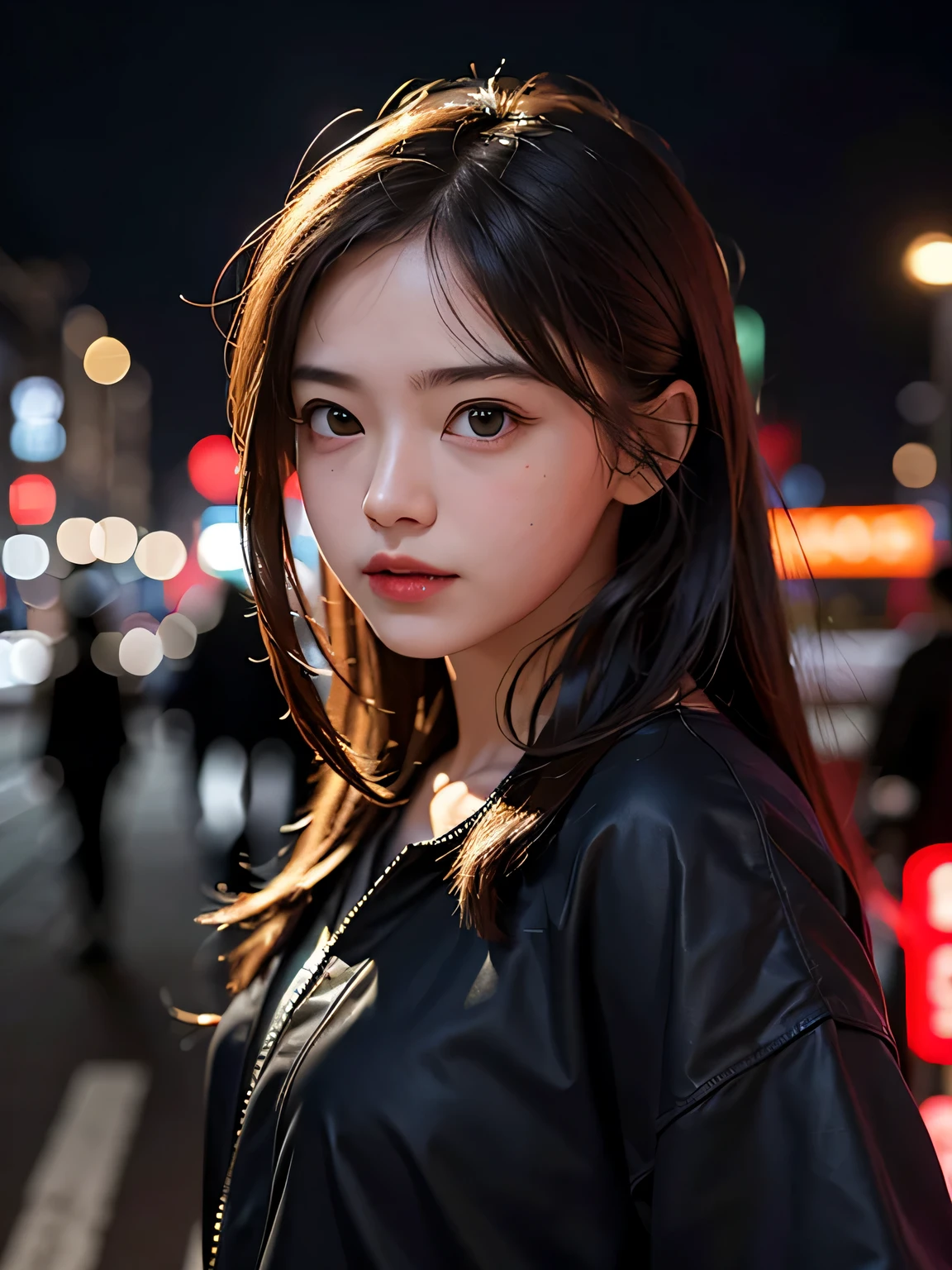 1 girl, tokyo street,night, cityscape,city lights, Upper body,close, 8k, RAW photo, highest quality, masterpiece,realistic, photo-realistic,