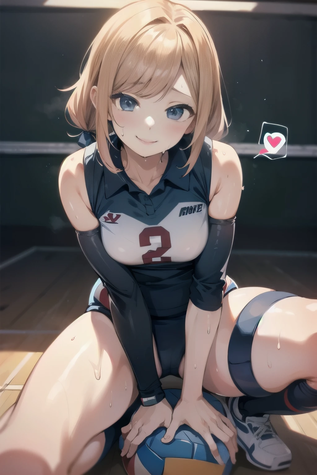 unity 8k wallpaper, anatomically correct, (((masterpiece))), (((best quality))), (((ultra detailed))), (((high-resolution))), ((Ultimate cutie)), perfect hands, perfect finger, (((good anatomy))), detailed beautiful face, shiny hair, (((gyaru))), (potbelly), (curvy), medium breasts, ((Thick thighs)), (((solo))), ((seductive smile)), (((blush))),
BREAK, (((sit astride the perfectly spherical shape 6-inch volleyball))), (((Straddling a perfectly spherical 6" volleyball))), (((Perfectly spherical 6" volleyball fits perfectly crotch))), BREAK, (((Rub the Perfectly spherical 6" volleyball against crotch))), (masturbation),
BREAK, (Collared volleyball uniforms), sleeveless, ((buruma)), ((kneepad)), pussy juice stained, (elbow pad), (((sweat))), (((covered in sweat))), ((deep breathing)), in Volleyball Court, indoor, lighting, looking at viewer, full body, (spoken heart)