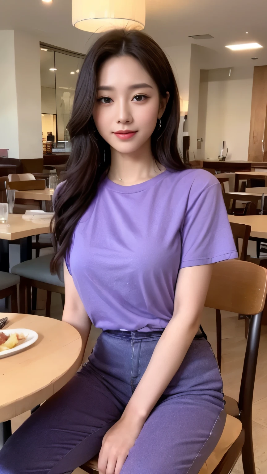 ((top-quality、8k、masterpiece:1.3))、Beautiful woman with perfect body:1.4、slim abdomen:1.2、Longhair, normal breast, Highly detailed facial and skin texture, A detailed eye, delicate eyes, double eyelid, (smile), (full body shot), ((restaurant 1.2)), (sitting in chair), ((wearing purple t-shirt with blue long pants)), looking in front, (food on the table)