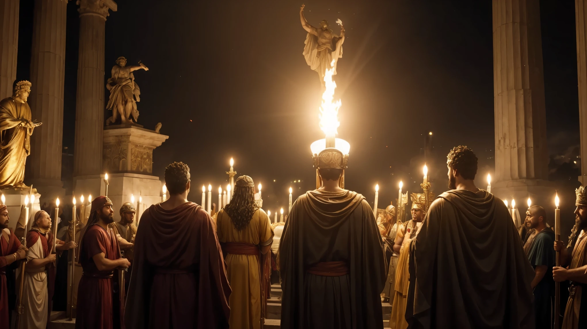 a crowd of people in biblical clothing, holding torches in front of a statue, na captura de tela do filme 300, epic scene of Zeus, a resposta, videoclipe, captura de tela do filme, big video statues, aparece como a deusa do fogo, Ryan Gosling as Roman statue, cena de abertura, nesta cena sinistra, screenshot of youtube video, por Aleksander Gierymski