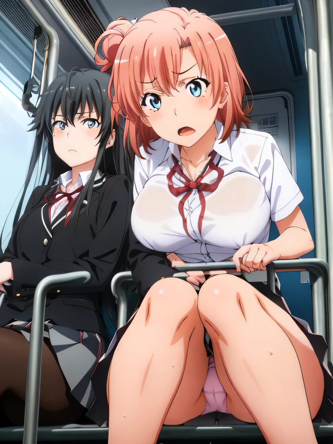 (2 girls) ,(old high quality) ,(Yukinoshita Yukino ,blue eyes), (Yuigahama Yui , brown eyes,big breasts),Inside the train ,open your mouth,,glare, troubled face,(low position),(Seen from below),school uniform,(check skirt),,(lift up the skirt),thighs,knee,(white panties),(pink panties),