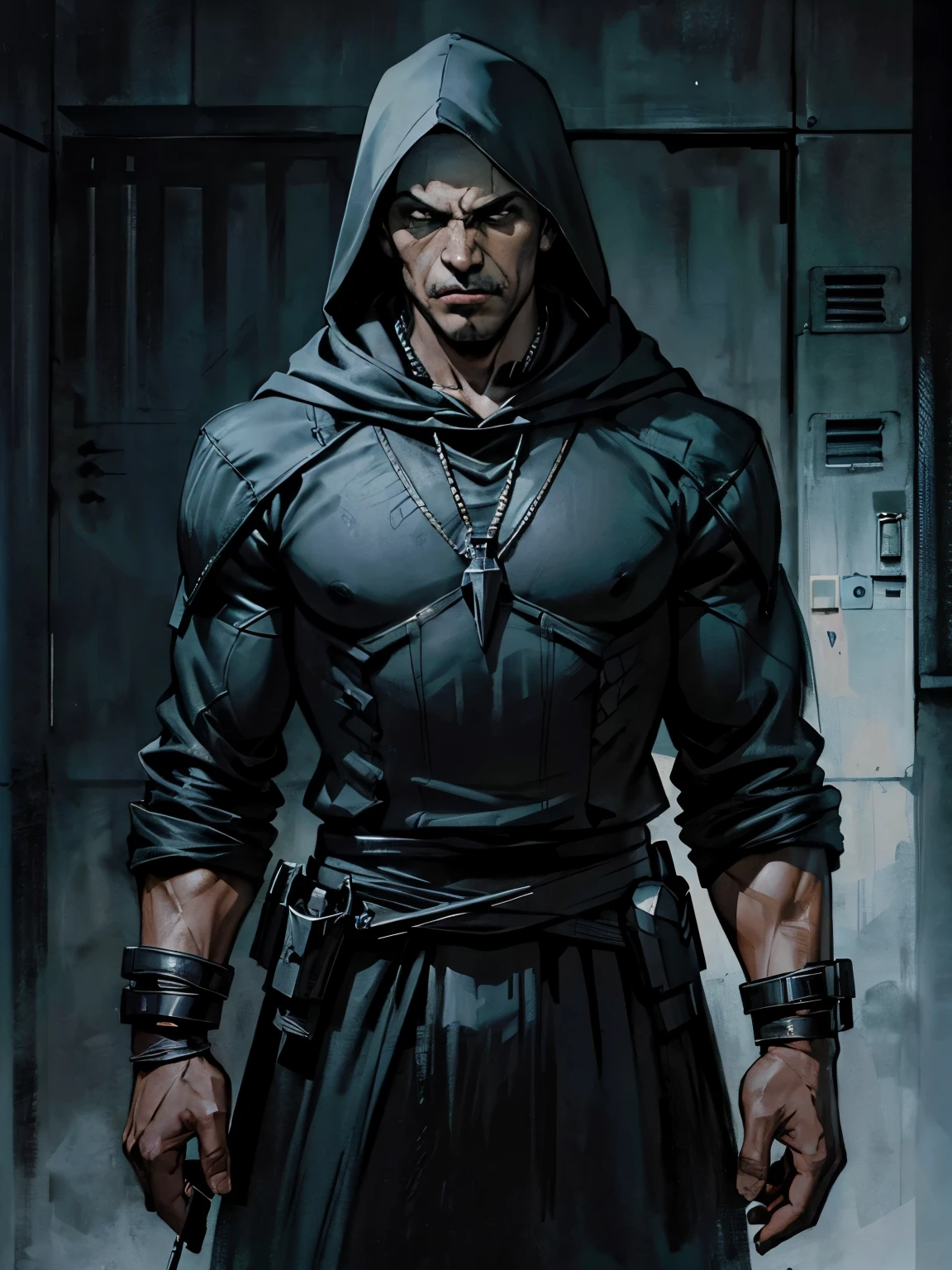 masterpiece, best quality, high resolution, draw, comic, hyper realism, a man, alone, bald, tall, very strong and muscular body, dark skin, afro-american skin, vampire, modern executioner, ((black eyes)), fangs, ((wearing black uniform, his face concealed by executioner hood)), very soft light, black night, concept art, horror, dark, very dark, art by Yoji Shinkawa, ink and watercolor, ((standing in a dark execution room during night)), creepy smile