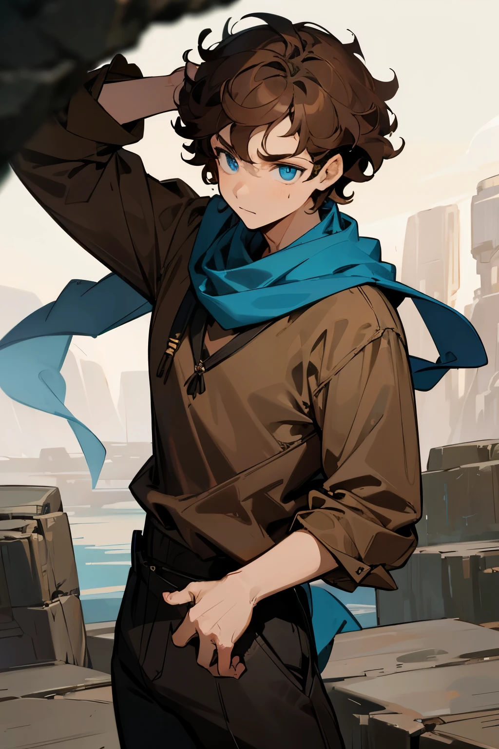 avatar, brown shirt, young male, blue eyes, brown hair, rock terrain, curly hair,, raining, long black pants, brown hoodie, blue scarf, 