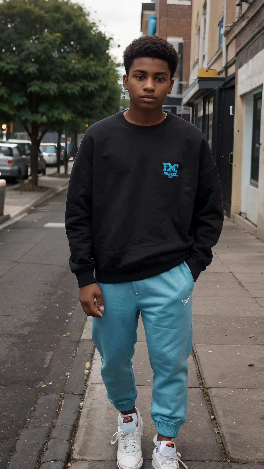 Teenager boy, age 16, brown skin, brown short hair. Cyan sweatshirt, black pants, gray shoes