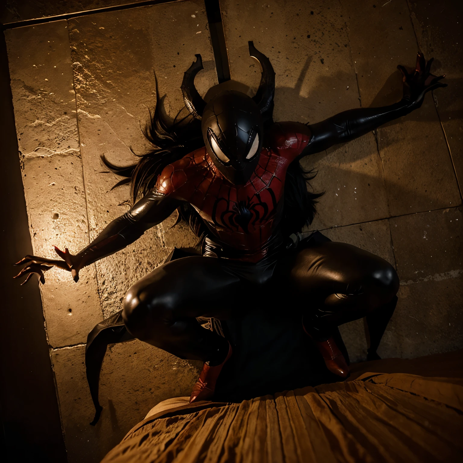 ((best quality)), ((masterpiece)), (detailed), perfect face, (((Big tits))), hot young busty girl, black lava outfit, stocking, black latex slime, beautyful face, (( long length hair)), ((detailed eyes)), lightning in the background, ((dark horror castle in the background, ((lace thigh fix), garter belts (((the clothes melt off her))), (flying dragon in a background), black damaged corset, ((her clothes were torn in several places))), latex lingerie, (nun costume), (((he wearing a black spiderman venom face mask))), venom, black dark venom, ((black lacy brassiere)), perfect detailed , (detailed eyes), ((((it is photographed from BEHIND BELOW)))), latex, erotic pose, boob, big , long white hair, detailed eyes, full body visible