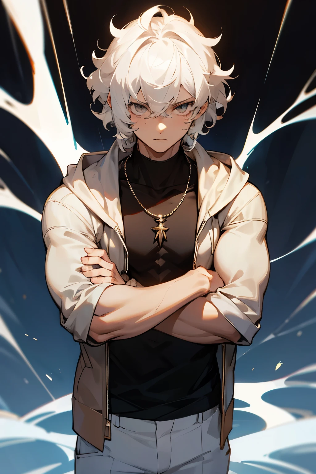 avatar, black shirt, young male, hazel eyes, white hair, curly hair,long white pants, brown hoodie, blue necklace,muscular, arms crossed