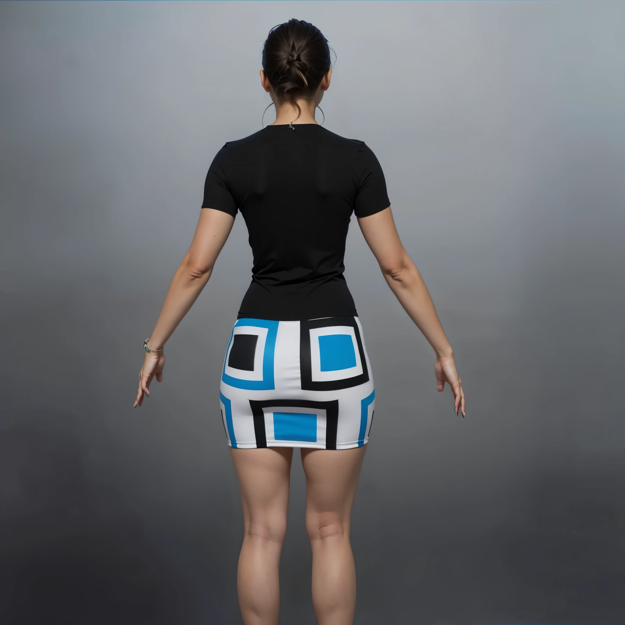 back view, beautiful Latina girl Odeya Becky G, beautiful soft thighs, beautiful legs, wearing cotton-Lycra black t-shirt and tight miniskirt with abstract blue-black-white square theme, Vibrant, vivid, shadows, lumen, HDR, 8k, ((detailed: 1.4)), ((hyper realistic)), Extremely Realistic, Realism, Portrait, Raw photo, Photography, Photorealism, Photoshoot, Instagram vibes,