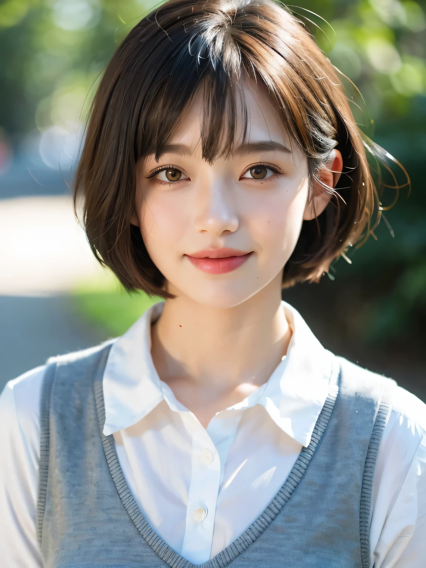 masterpiece, Best Quality, Raw photo, 8K, 1girl, Beautiful detailed skin, backlight, soft light, bashful, embarrassed, smile, Luminescent, Anatomically correct, short hair, bangs, Eyes and faces with detailed, Textured skin, Professional Photography, Bokeh, Portrait, Professional Lighting, Solo, Cute, Girly, Film grain, (School Uniforms:1.2),
