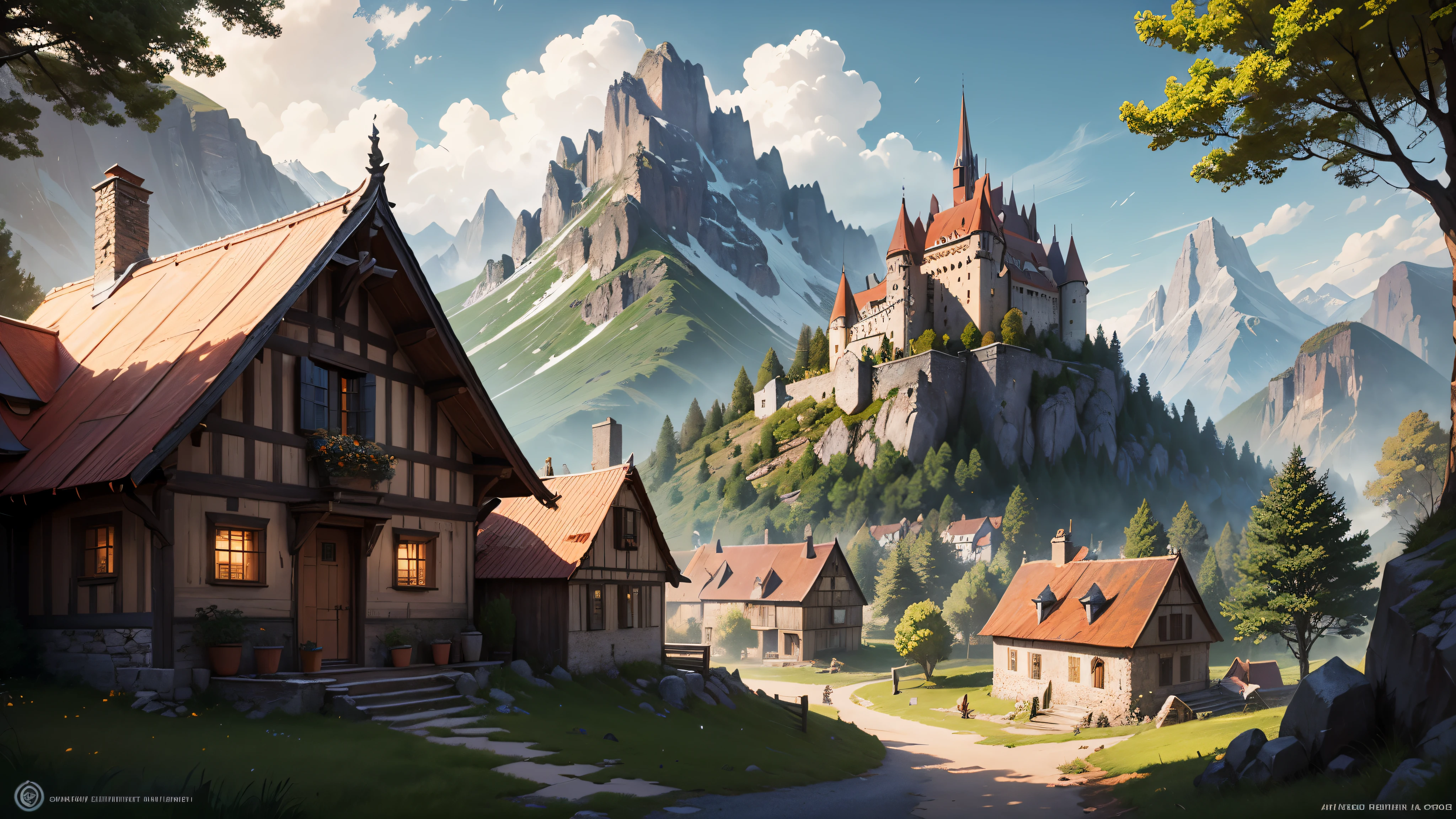 A small medieval village, fantasy, D&D, concept art, sharp focus, trending on artstation, digital painting, midday, sunny, beautiful, texture, wizards of the coast, tabletop, roleplay, stone and wooden building materials, european culture, mountains, (red roof:1.2), trees, bushes