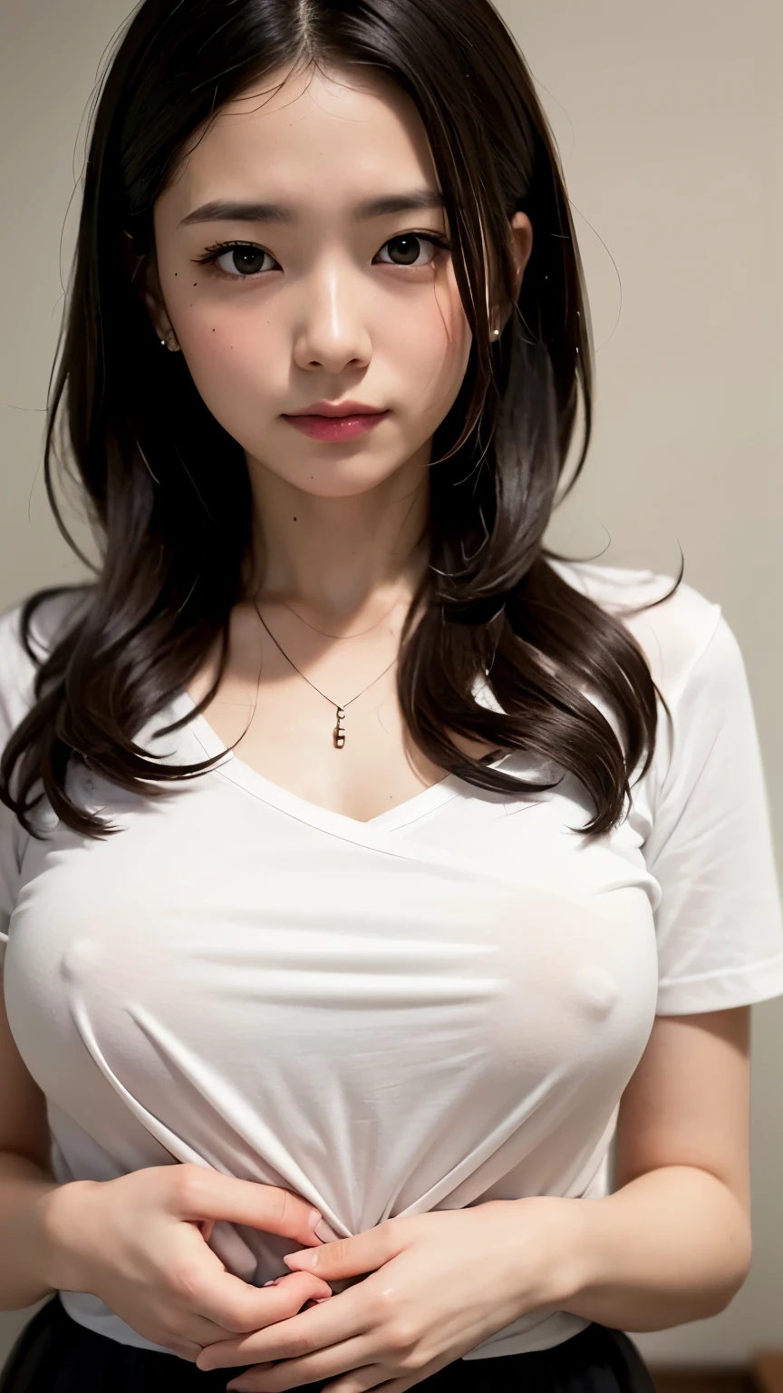 (masterpiece:1.3)、Super detailed finish、(High resolution、8k:1.3)、(highest quality、Super realistic like a photo:1.5)、sharp focus, ultra high definition face、Face is in focus、Ultra high definition and beautiful eyes、Eyes are symmetrical:1.3、High-definition and beautiful skin、firm skin、Ultra high definition hair texture、close up on face、japanese woman、、OL, business suit, white business shirt、pencil skirt、bedroom、sitting on the bed、(Wariza:1.3)、(hugging my chest with my arms:1.3)、My hair is up:1.3, Very cute、very cute、light make, glossy lips、(Anxious face that looks like it's about to be raped:1.3)、(Embarrassed expressions and gestures when the penis is shown:1.3), anxious look、blush:1.3, (embarrassed:1.3)、thin necklace、(Staring at the camera:1.3)、color々Photos from an angle、(I'm depressed:1.3)