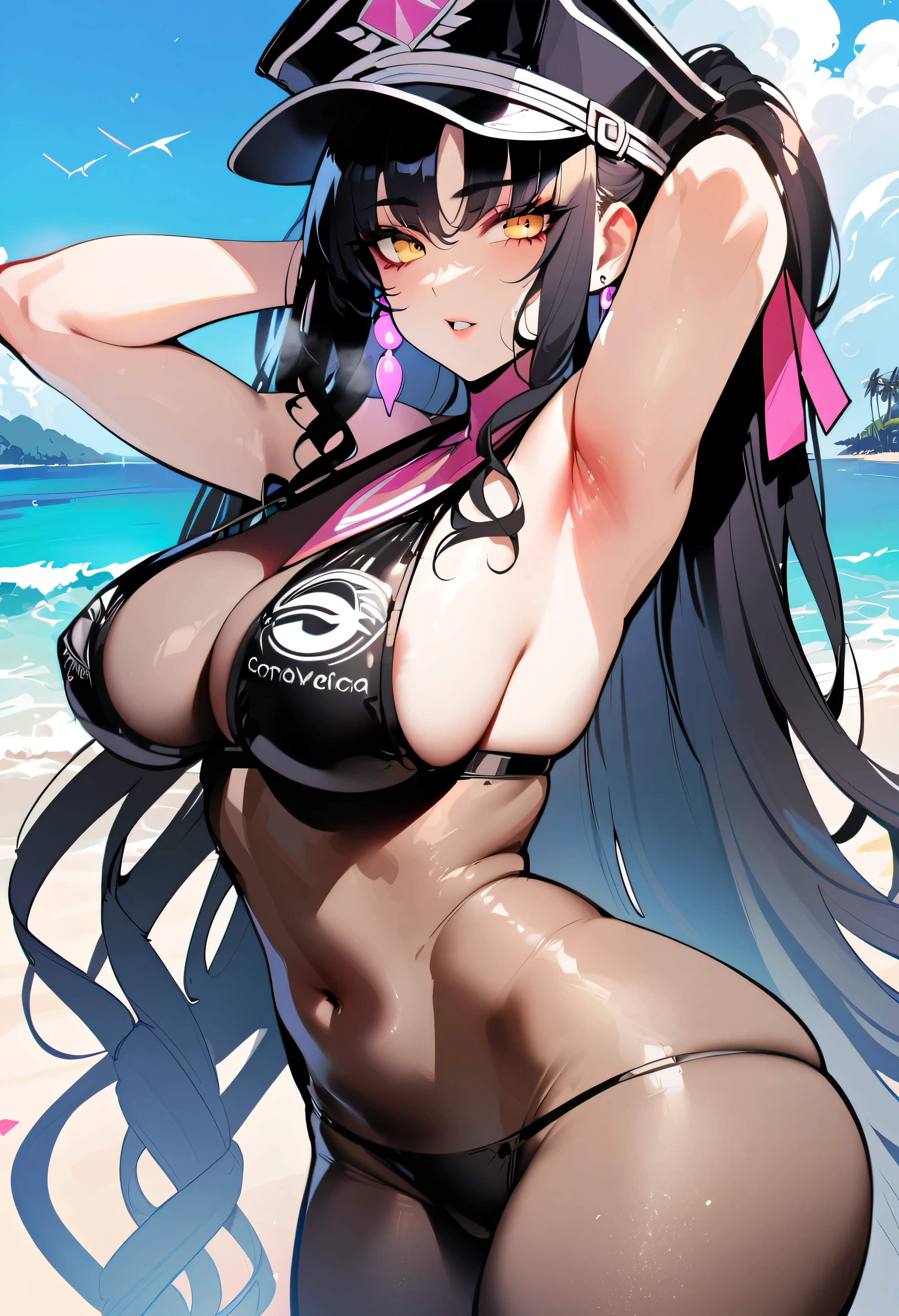 1 girl, Sesyoin Kiara \(swimsuit\) \(first ascension\), fate/great order, Masterpiece, Best quality, newest, Ideal Anatomy, slender body, , detailed eyes, Perfect eyes, Perfect body ||||| ||||| from the nanny,, by khyle, author: omone hokoma agm , ||||| ||||| , One, Yellow eyes,, perfect hands, , cap, beach, long hair, black hair, body stockings ,hands raised and behind the head, Armpits,bikini, super long hair,loose hair